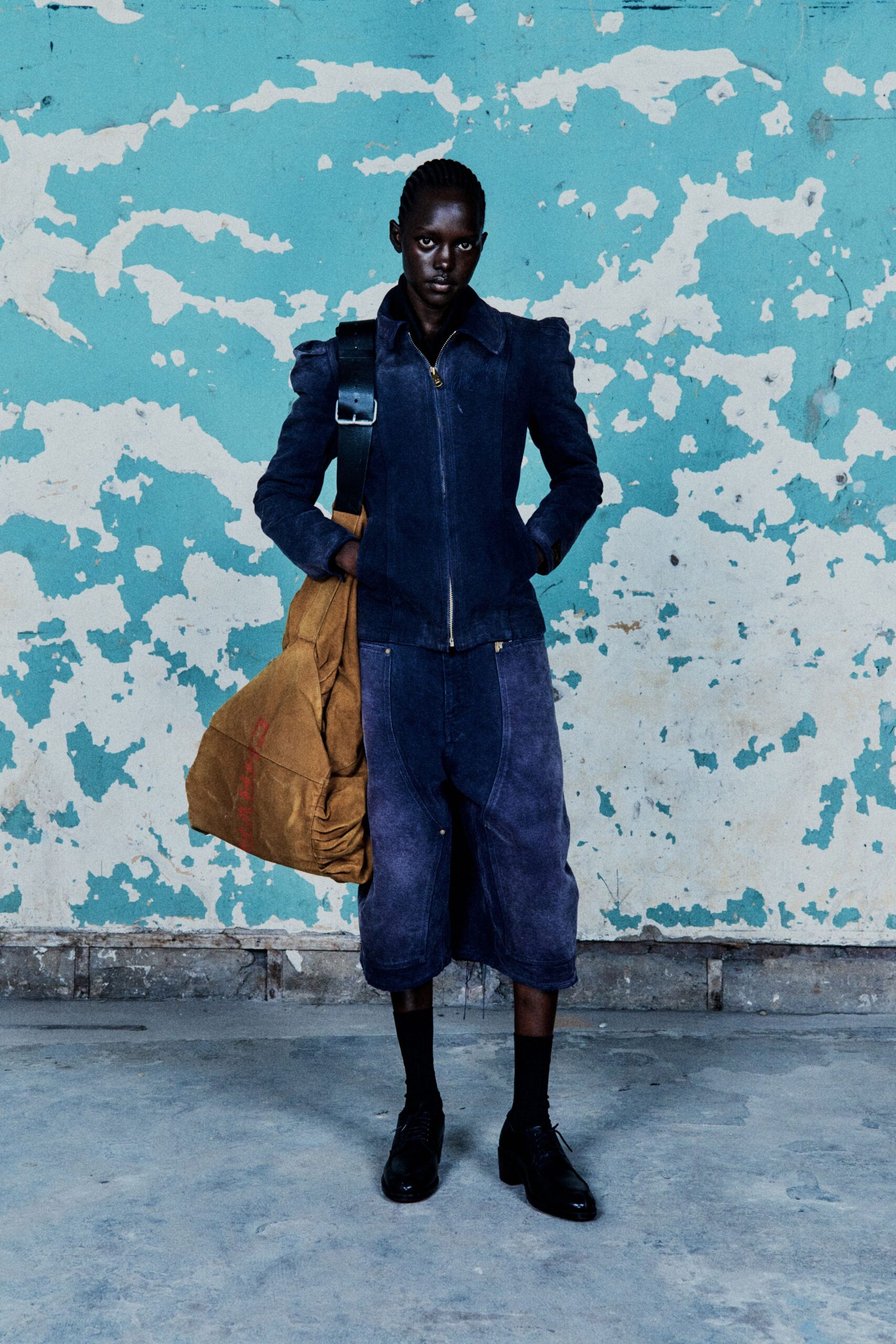 blue denim long-sleeve collared fitted zippered jacket