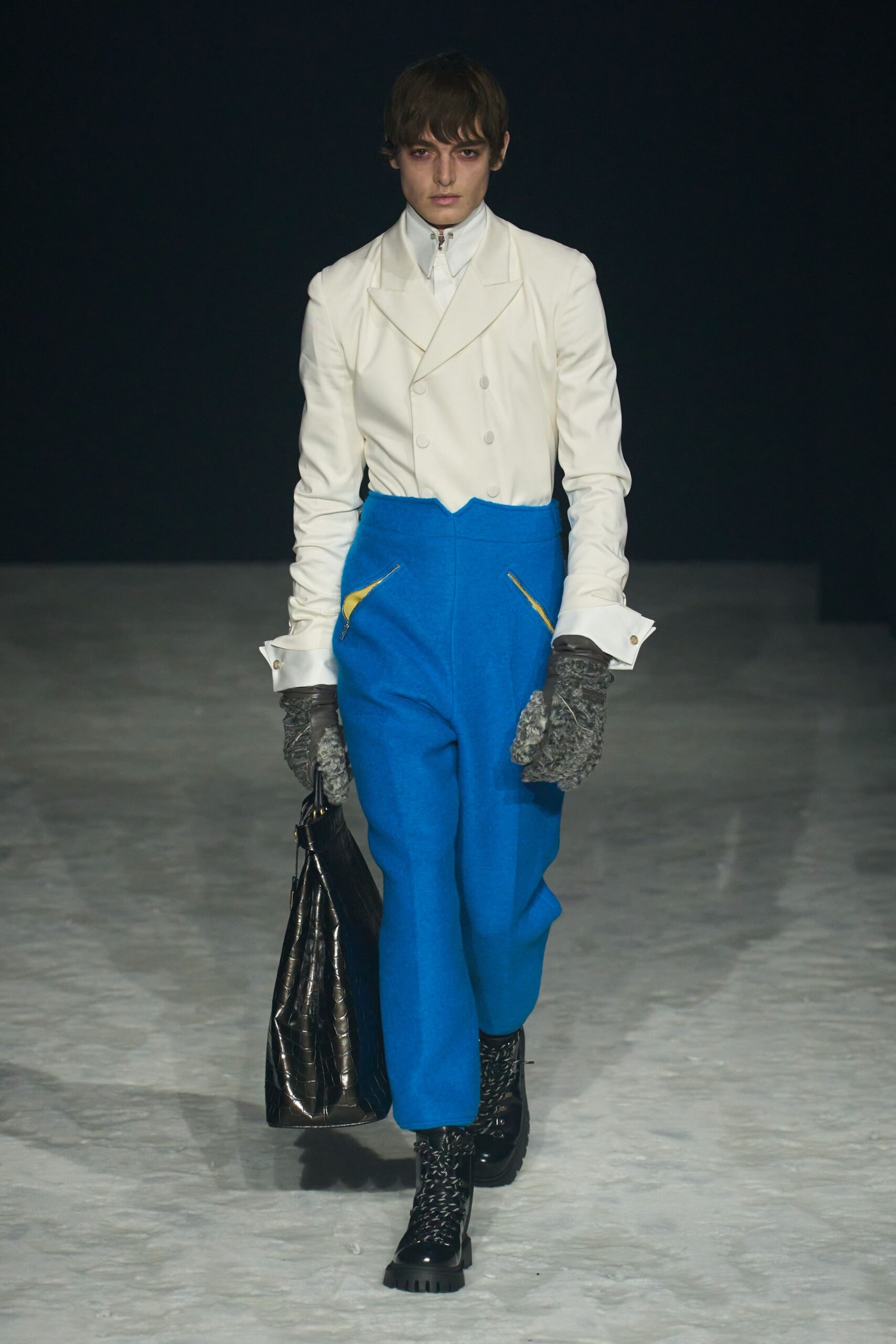 blue wool fitted high-waisted straight-leg pants