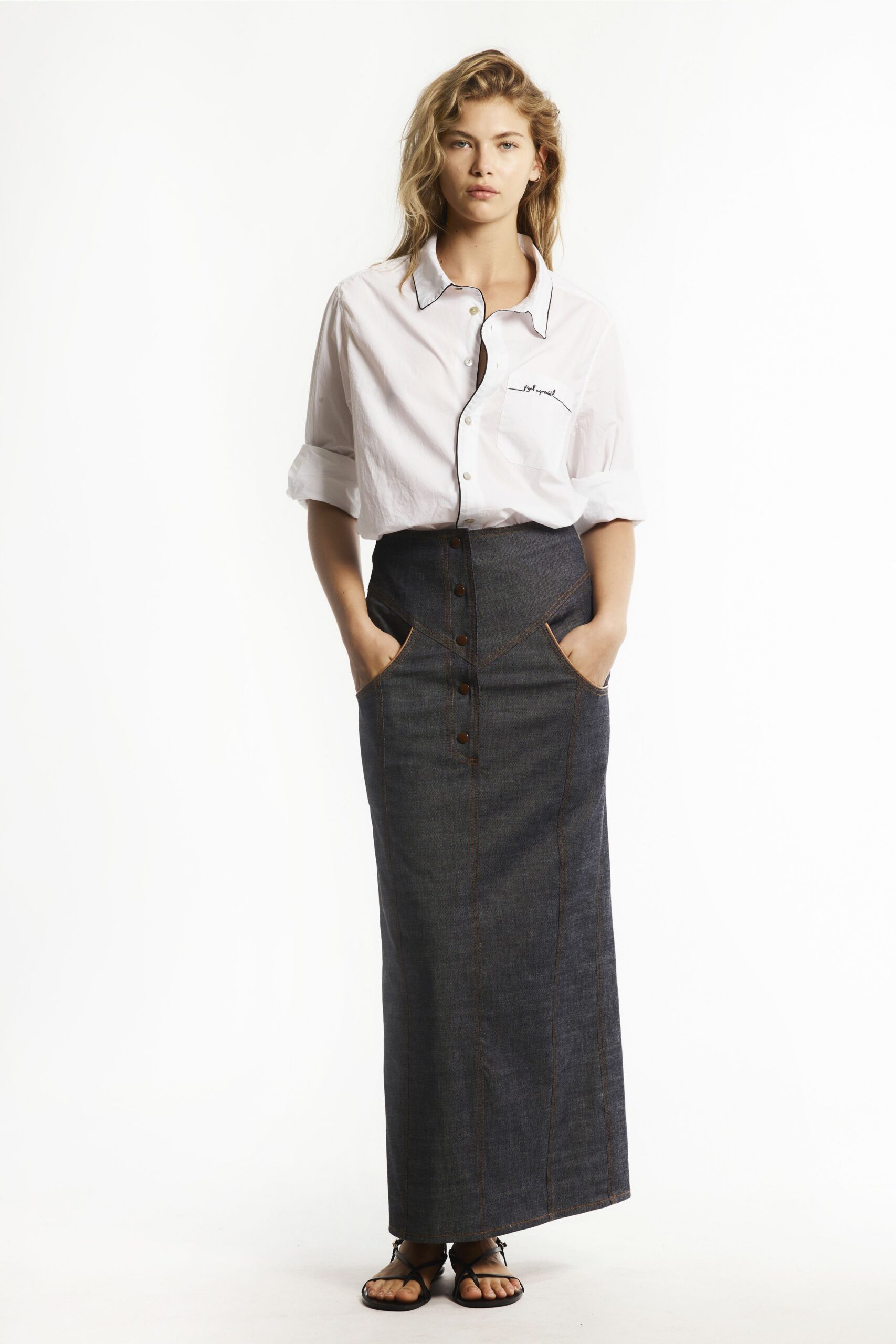 blue denim fitted high-waisted buttoned pockets maxi skirt