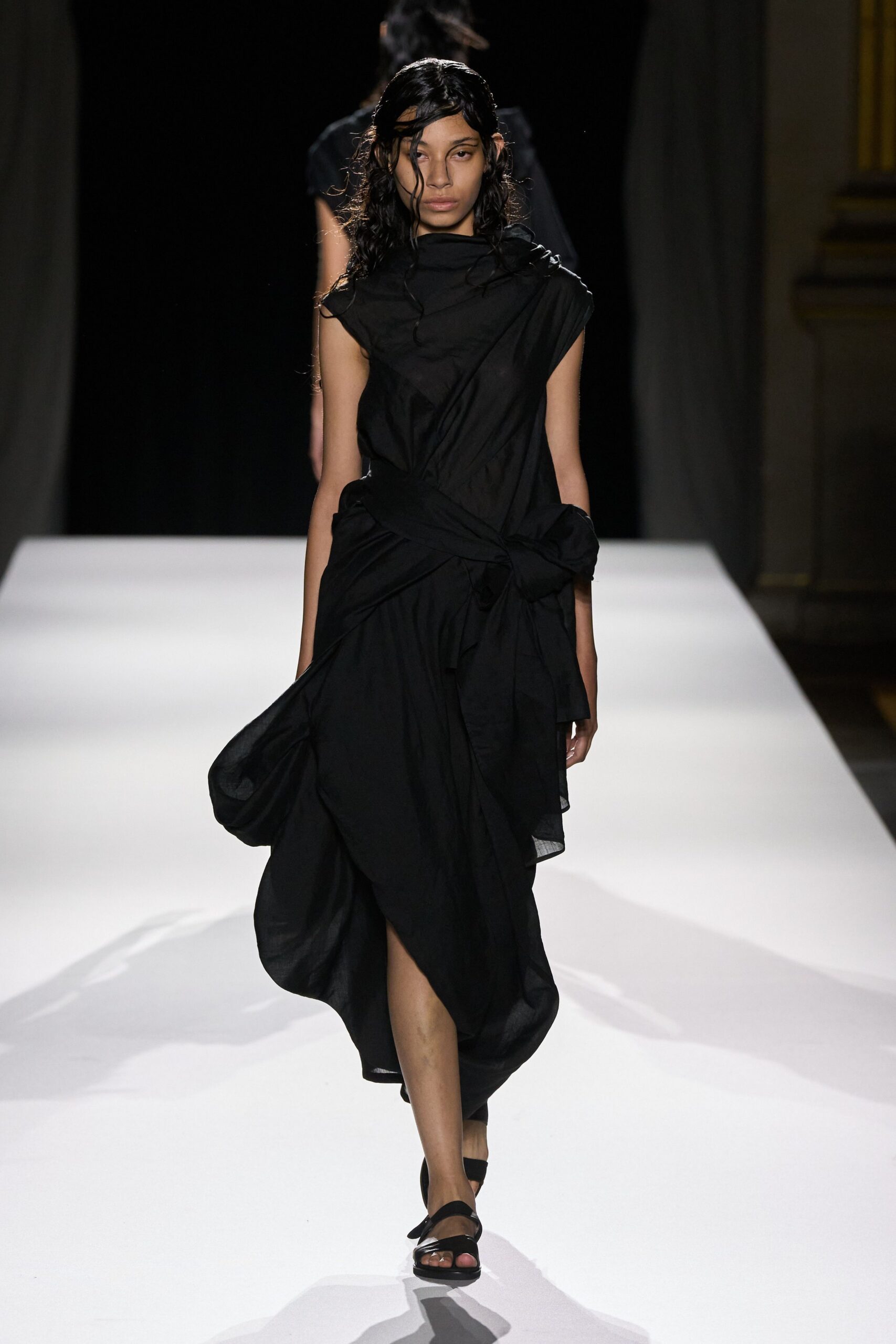 black silk sleeveless high-neck fitted draped flowing dress