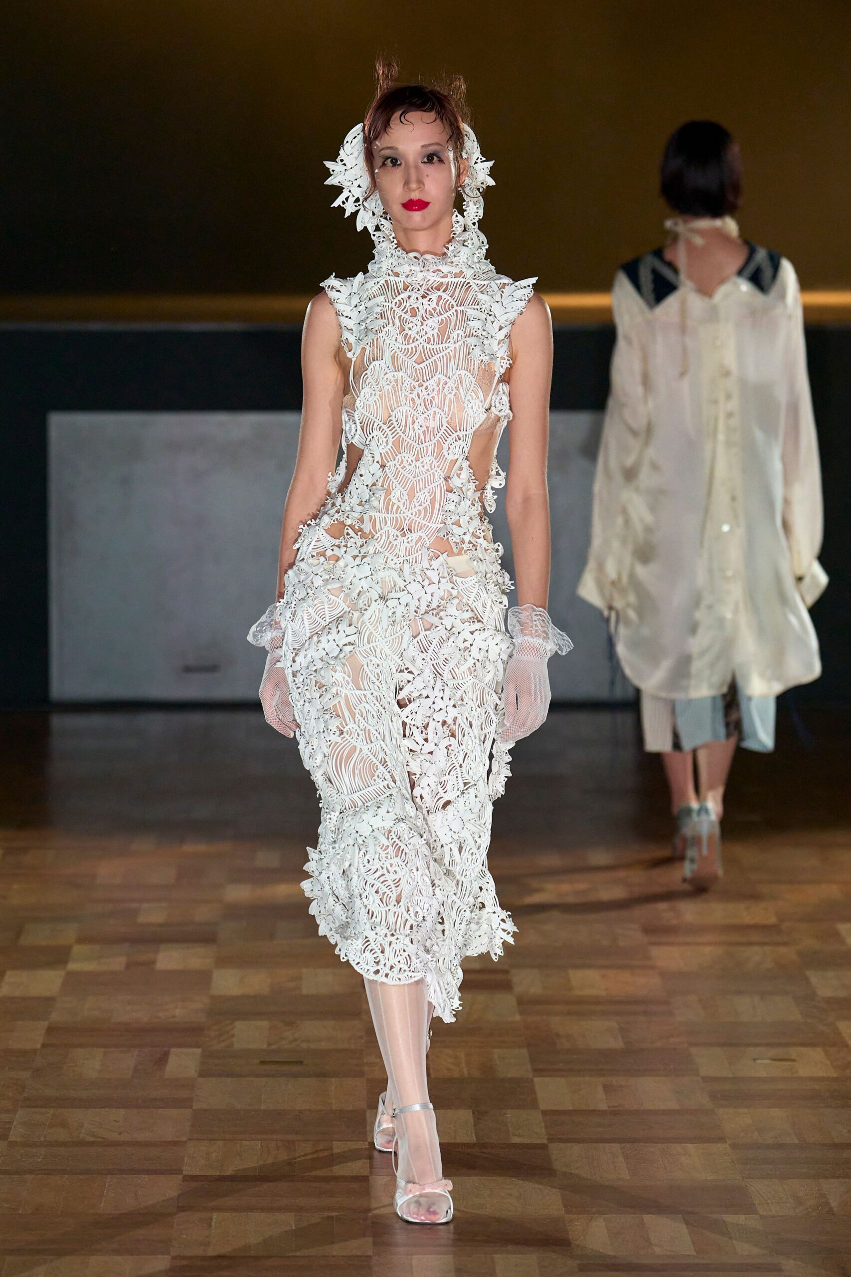 white lace sleeveless high-neck fitted embroidered layered dress