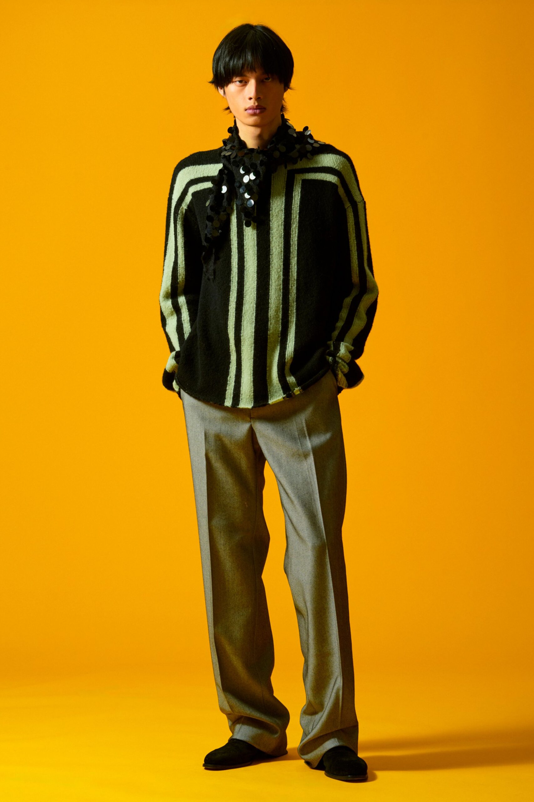 gray wool tailored straight-leg pants