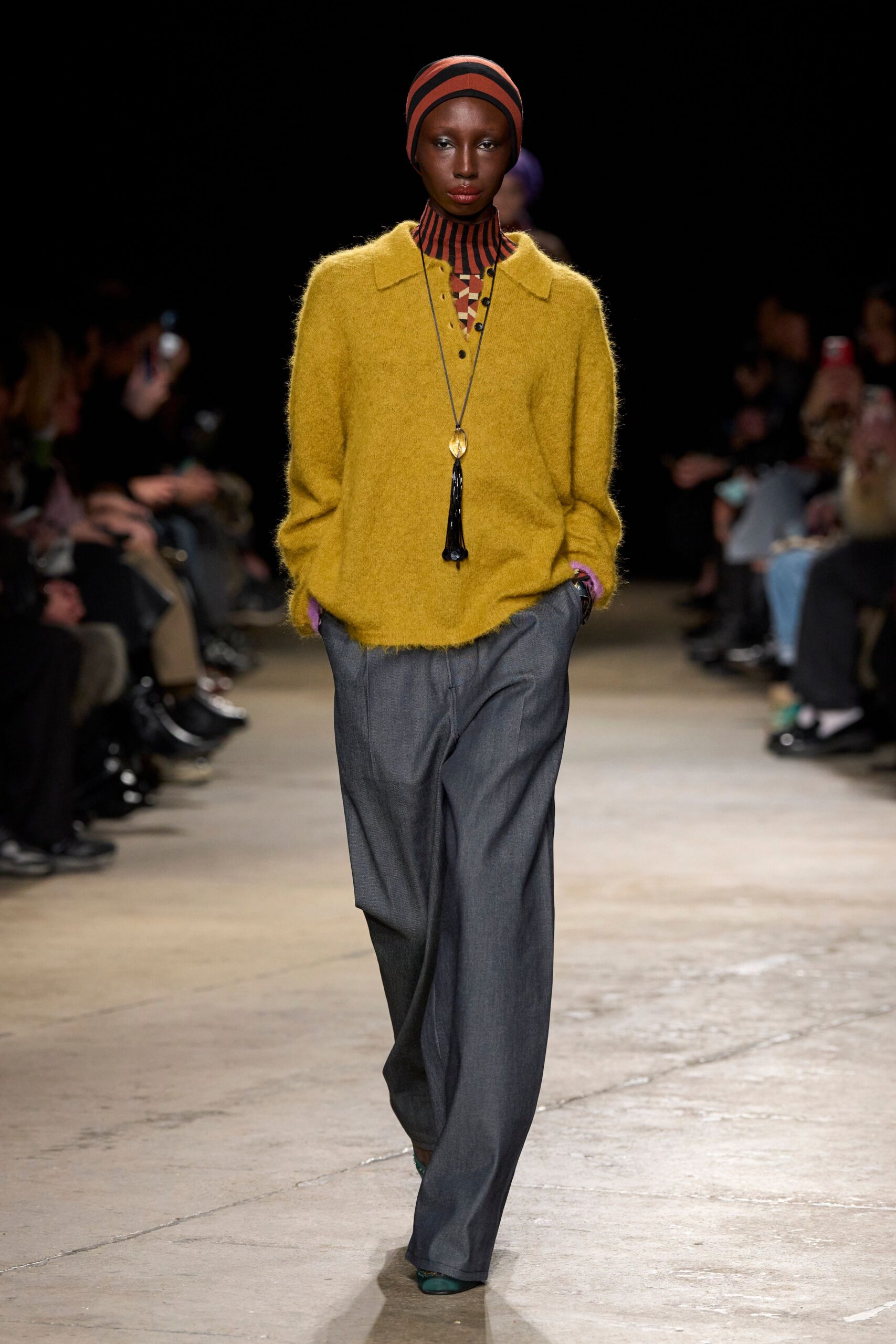 yellow wool long-sleeve collared relaxed sweater