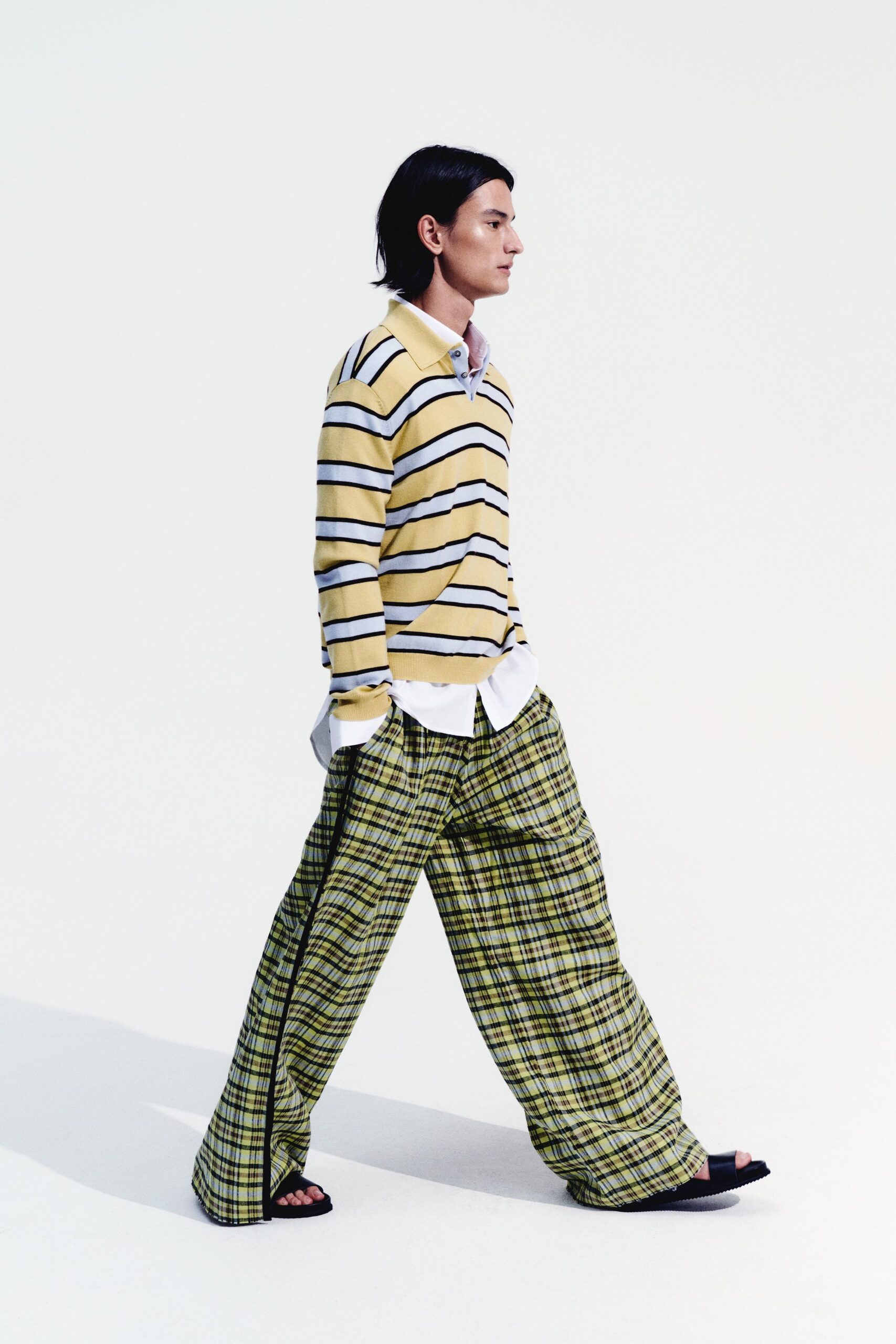 yellow cotton long-sleeve collared relaxed striped shirt