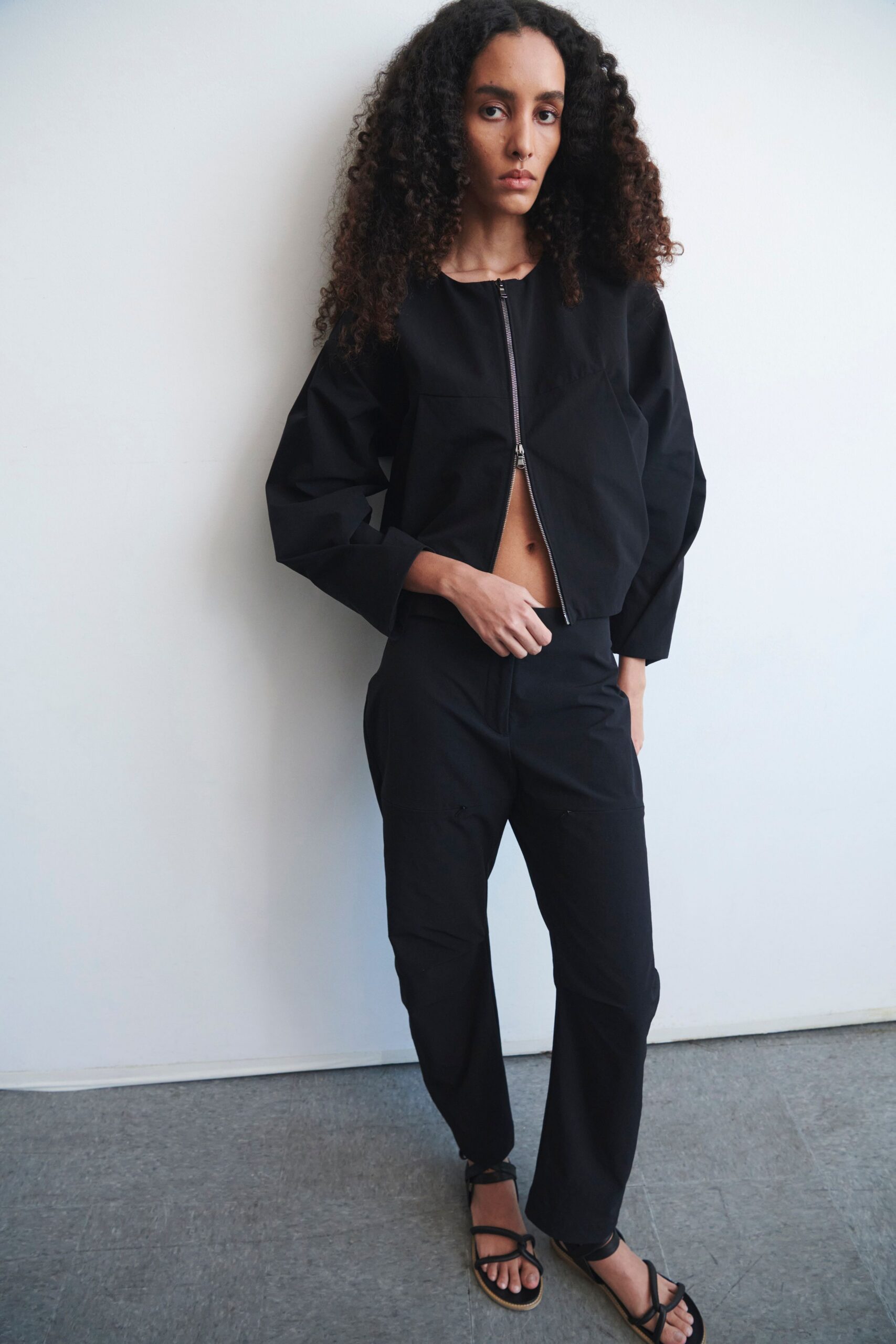 black relaxed jacket with fitted pants