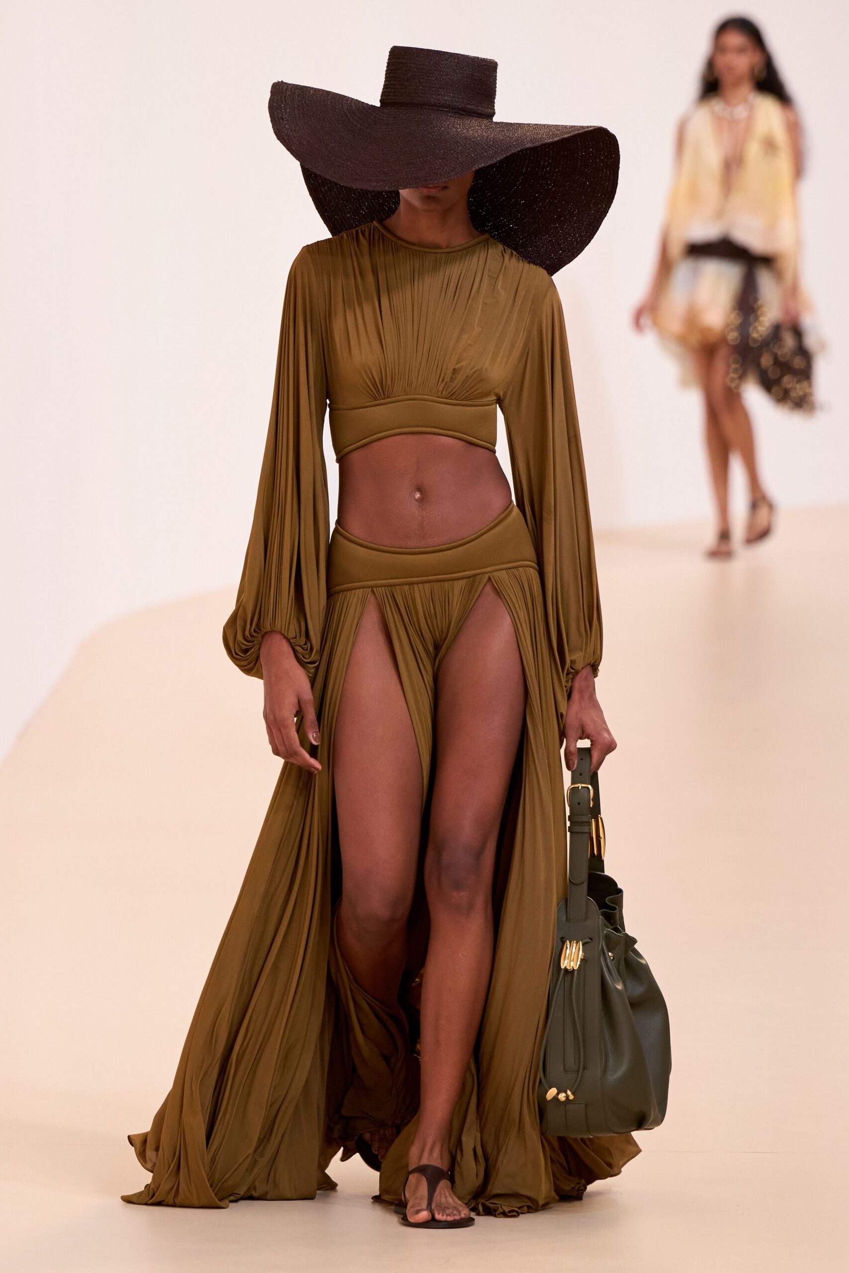 green chiffon slit fitted high-waisted pleated maxi skirt