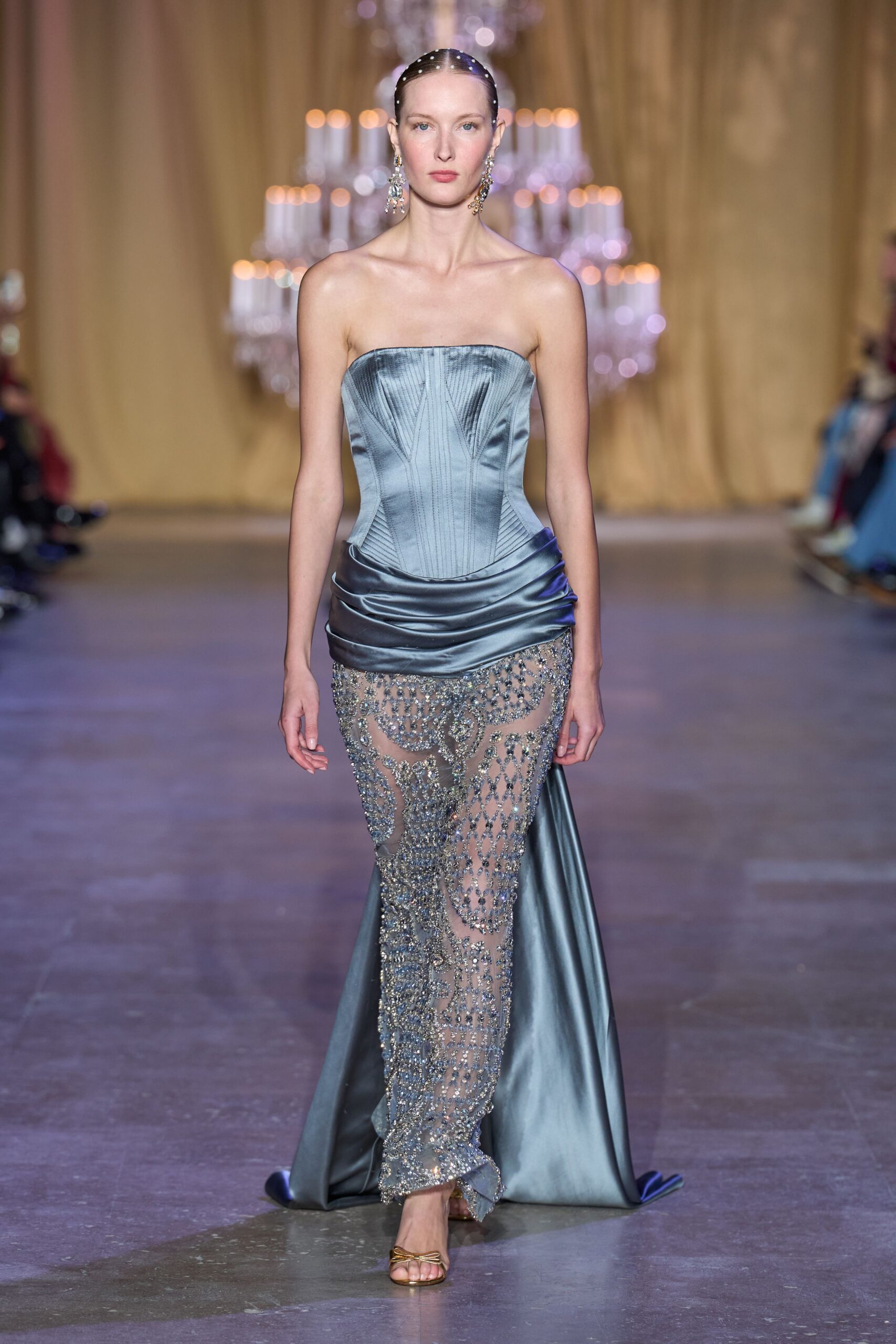 blue silk strapless fitted embroidered layered sheer gown