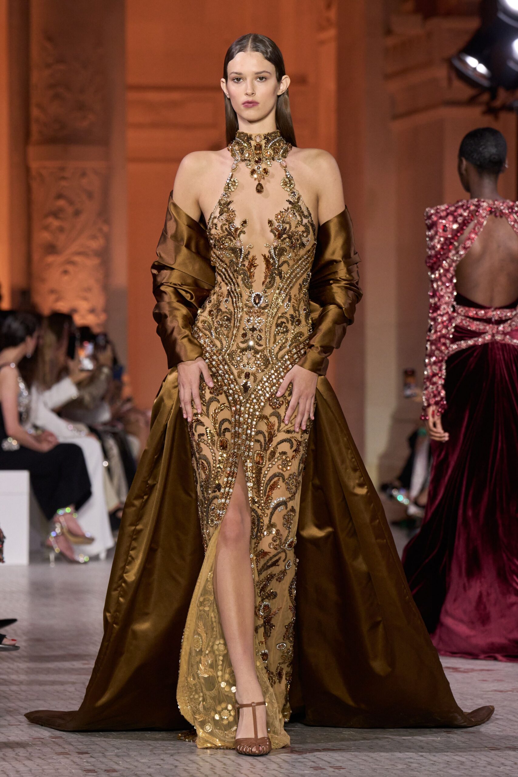 gold silk sleeveless high-neck fitted embellished shiny gown