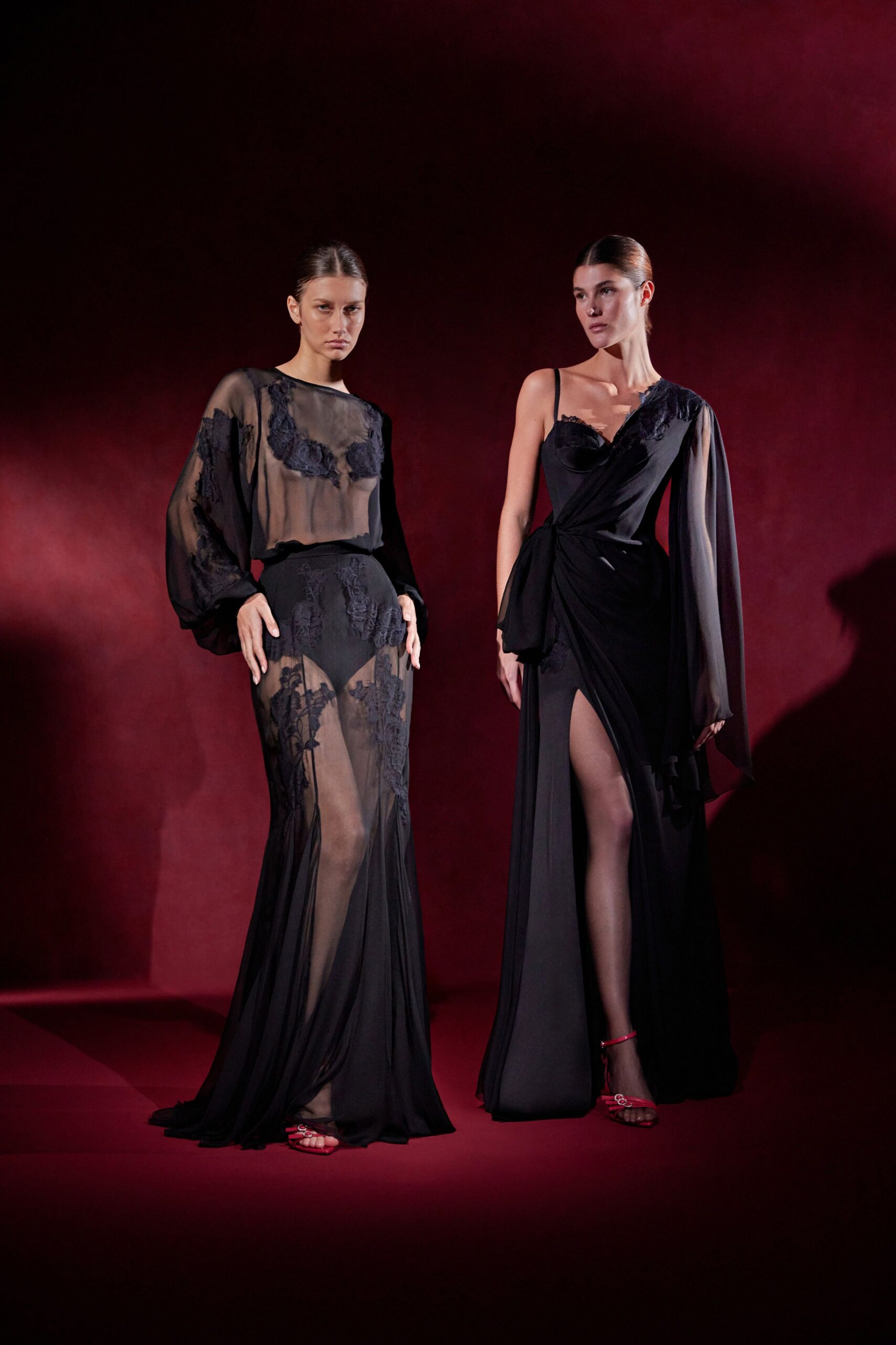 black silk gowns with red shoes