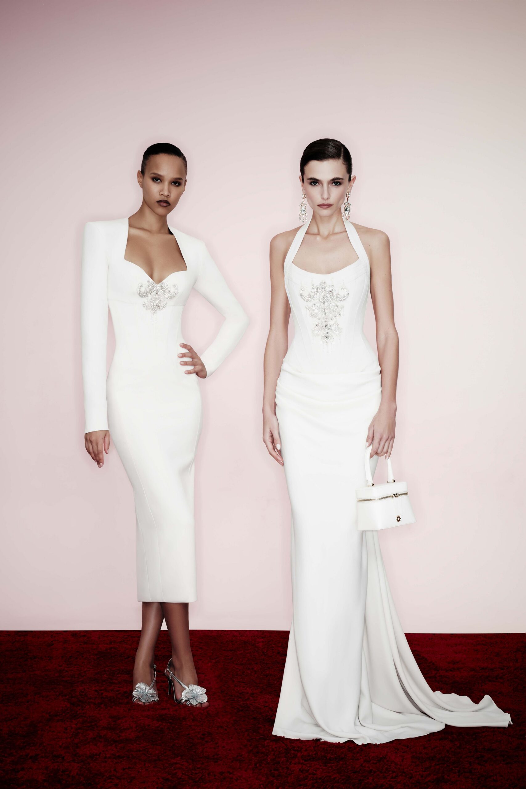 white fitted gowns with embellishments