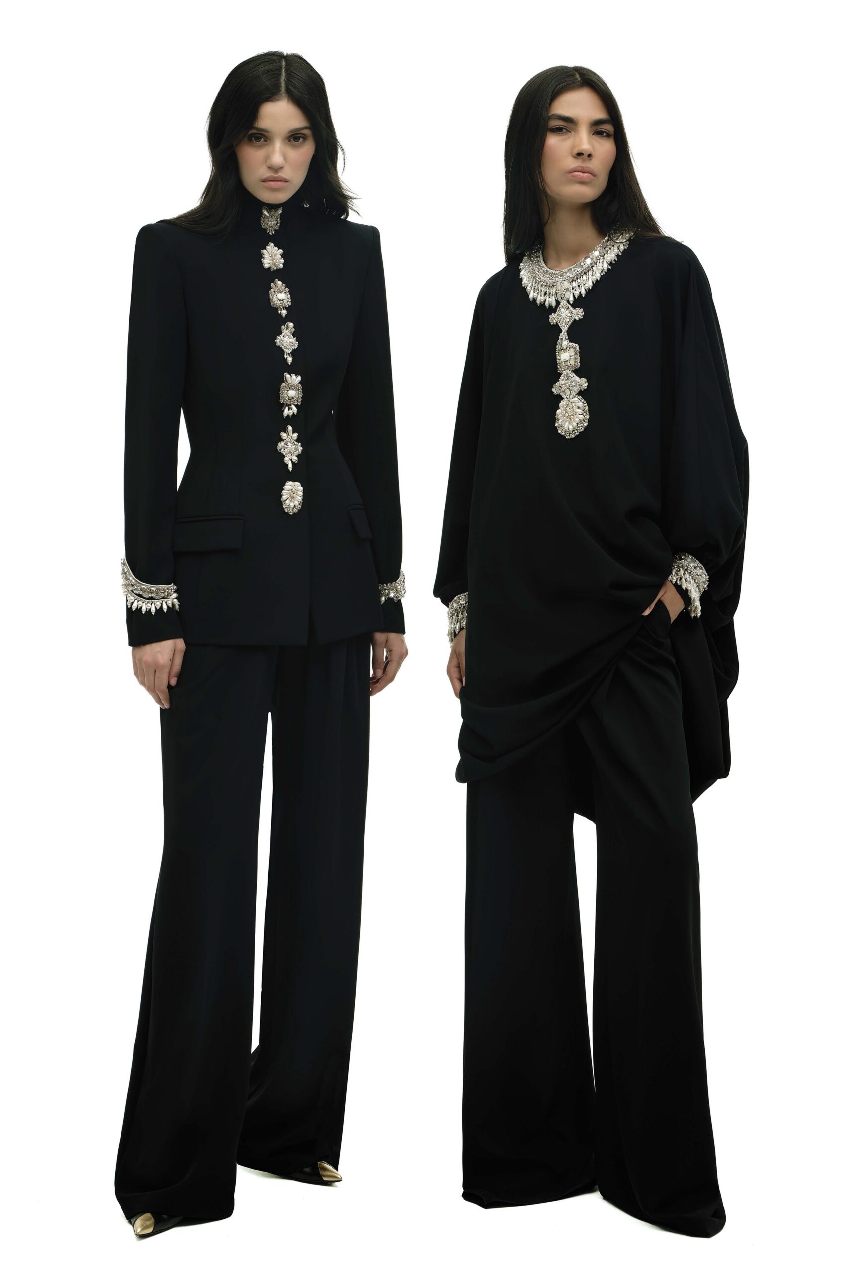 black long-sleeve collared tailored buttoned embellished suit