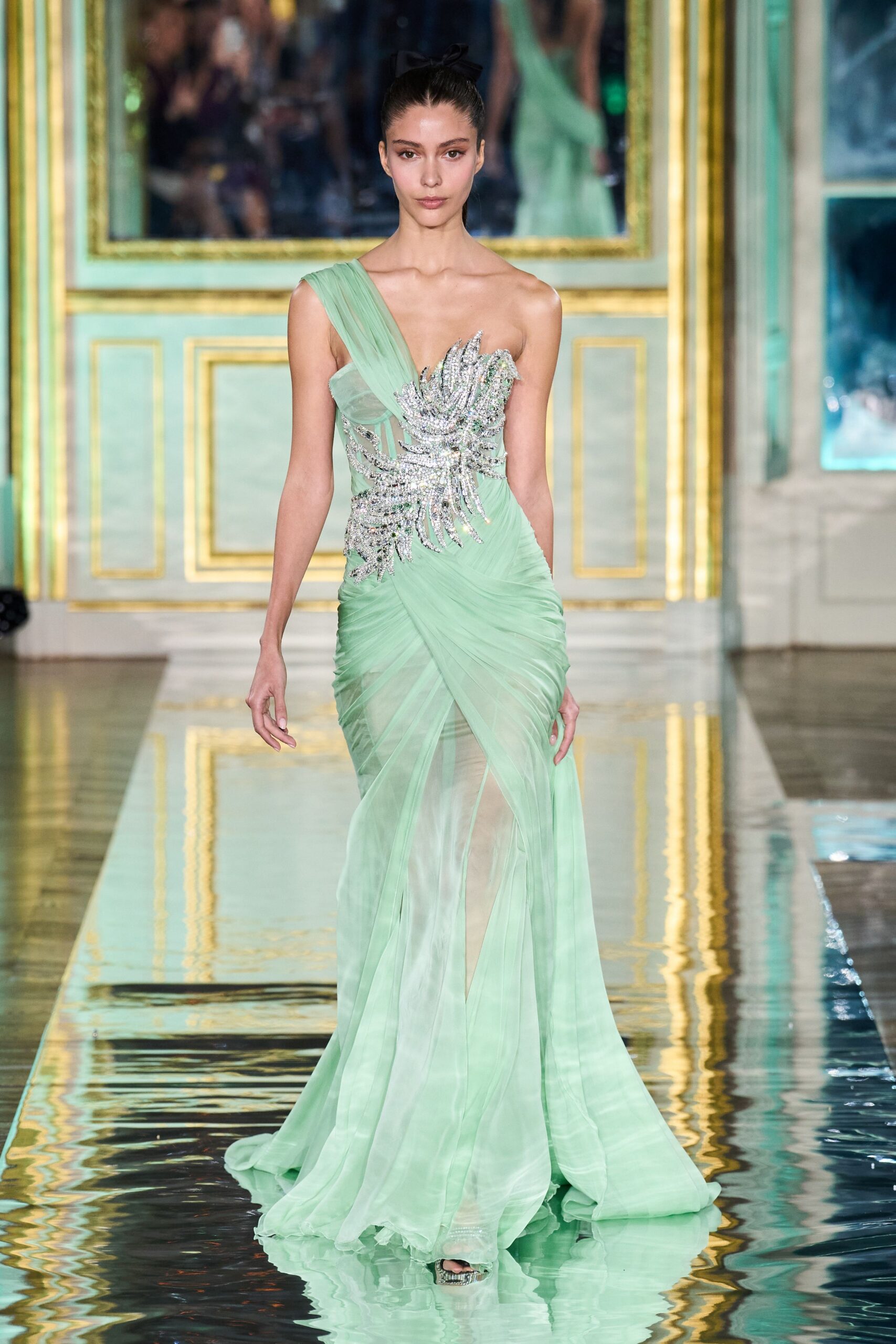 green silk off-shoulder gown