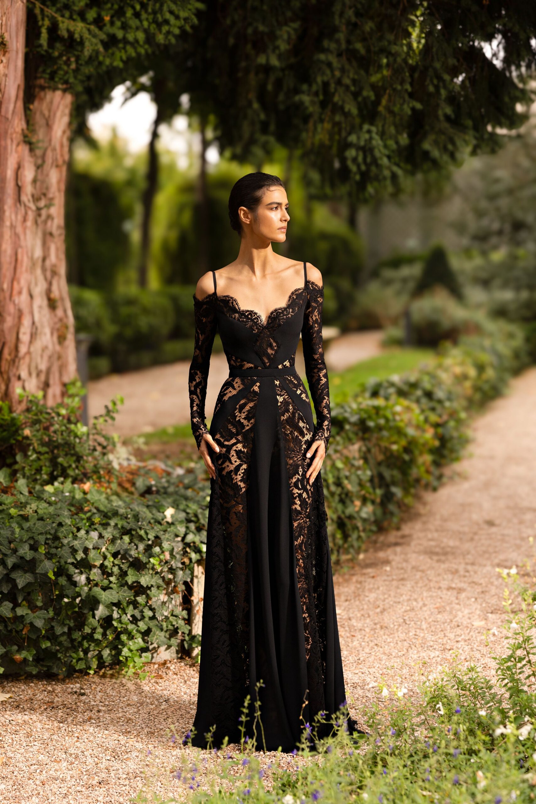 black lace fitted gown