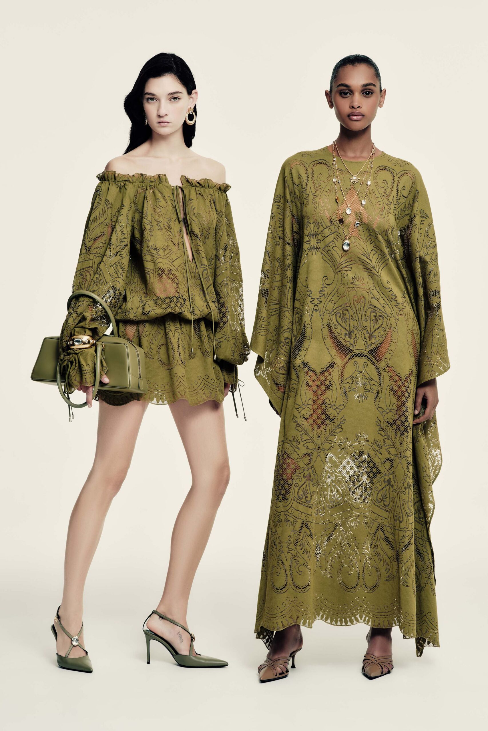 green cotton relaxed embroidered tiered mini skirt