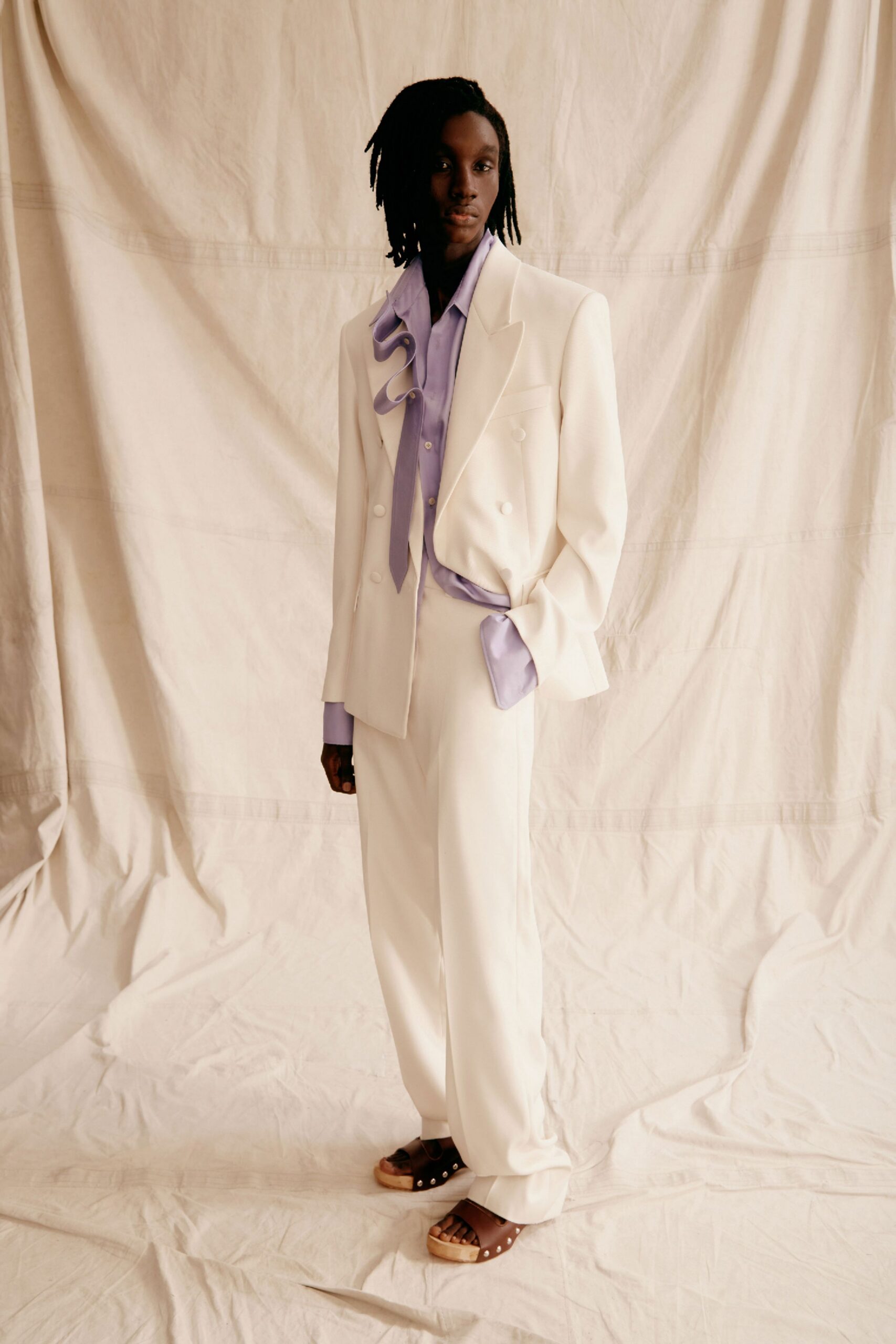 purple cotton long-sleeve collared fitted ruffled shirt