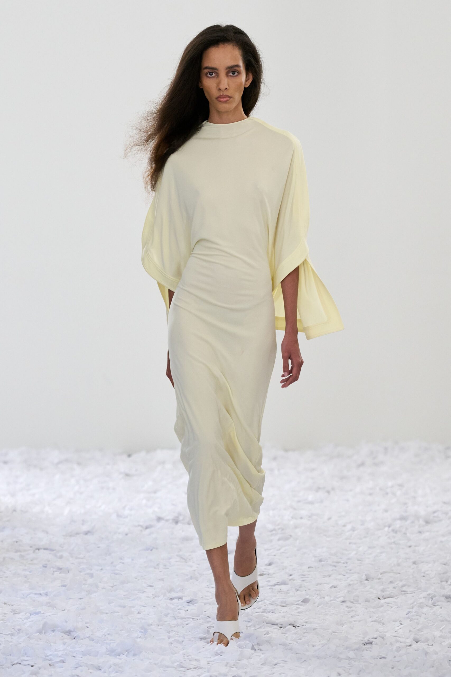 yellow silk long-sleeve high-neck fitted draped midi dress