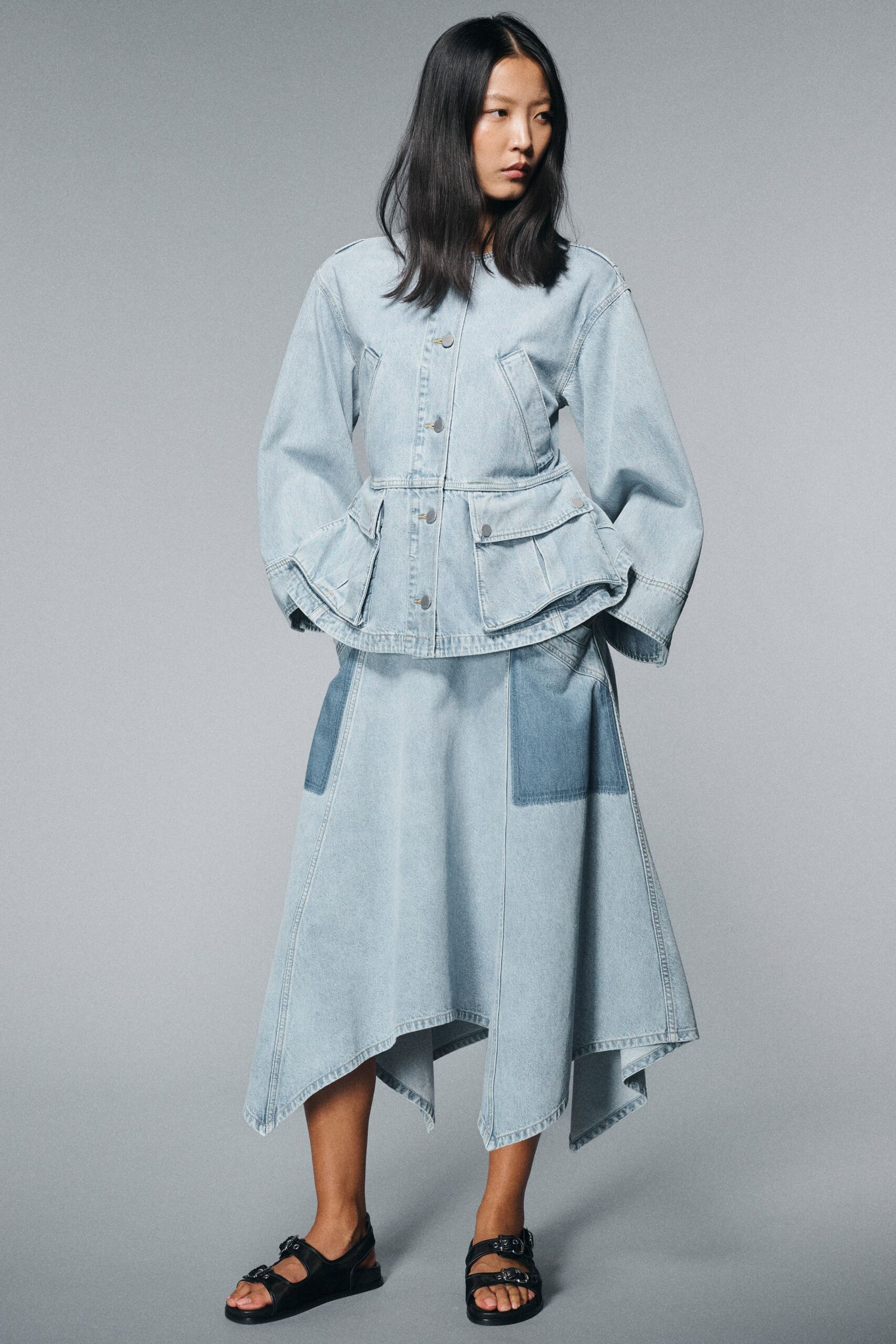 blue denim asymmetric fitted pencil skirt