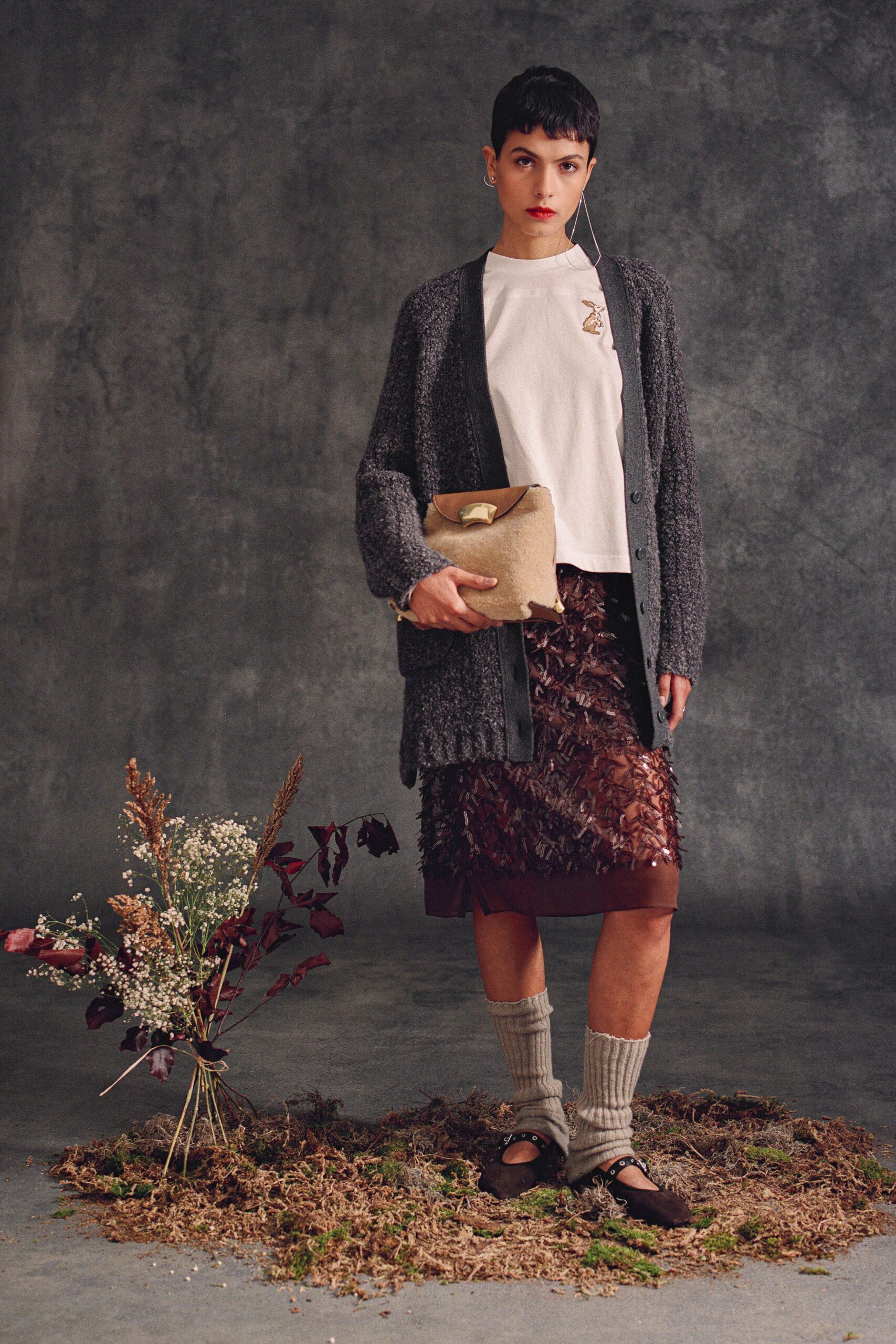 gray wool long-sleeve collared relaxed textured cardigan