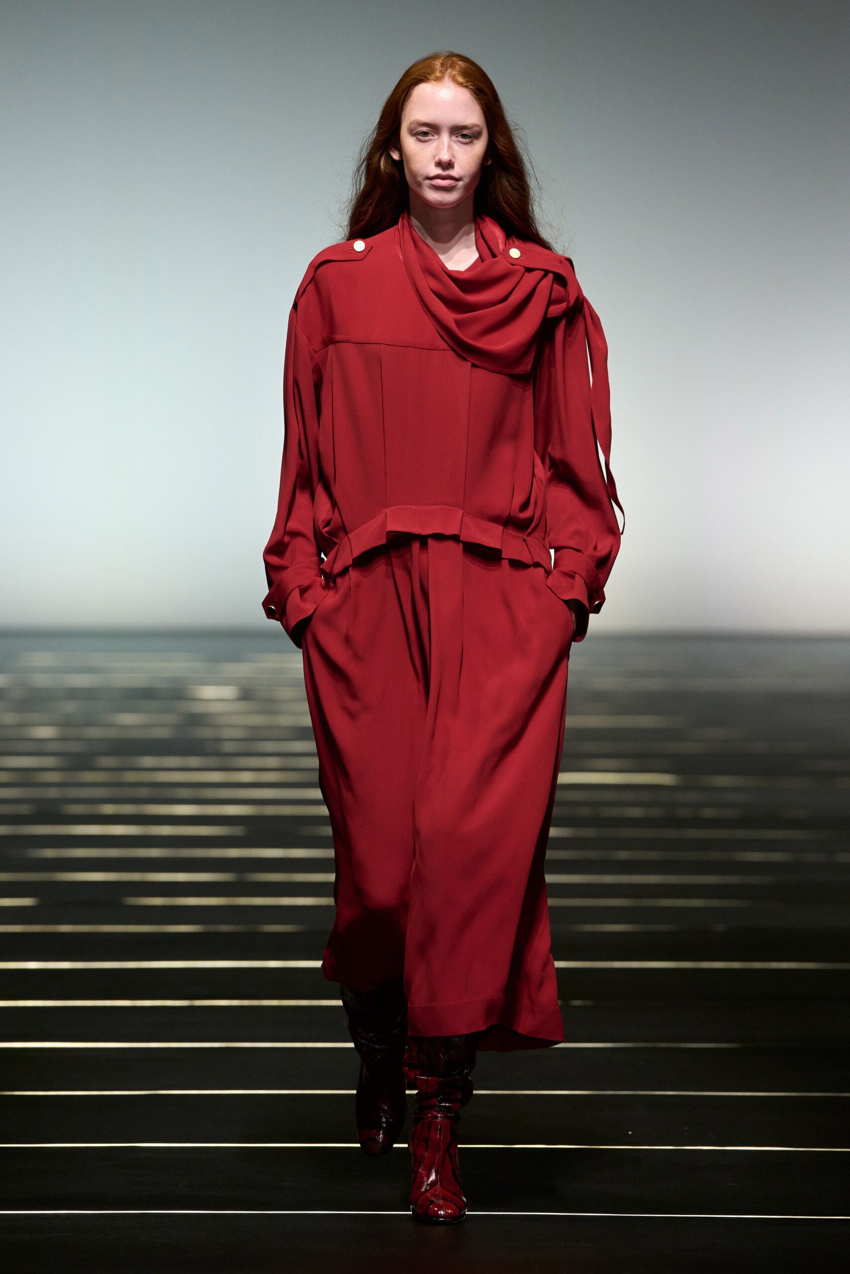 red cotton long-sleeve collared relaxed layered midi dress