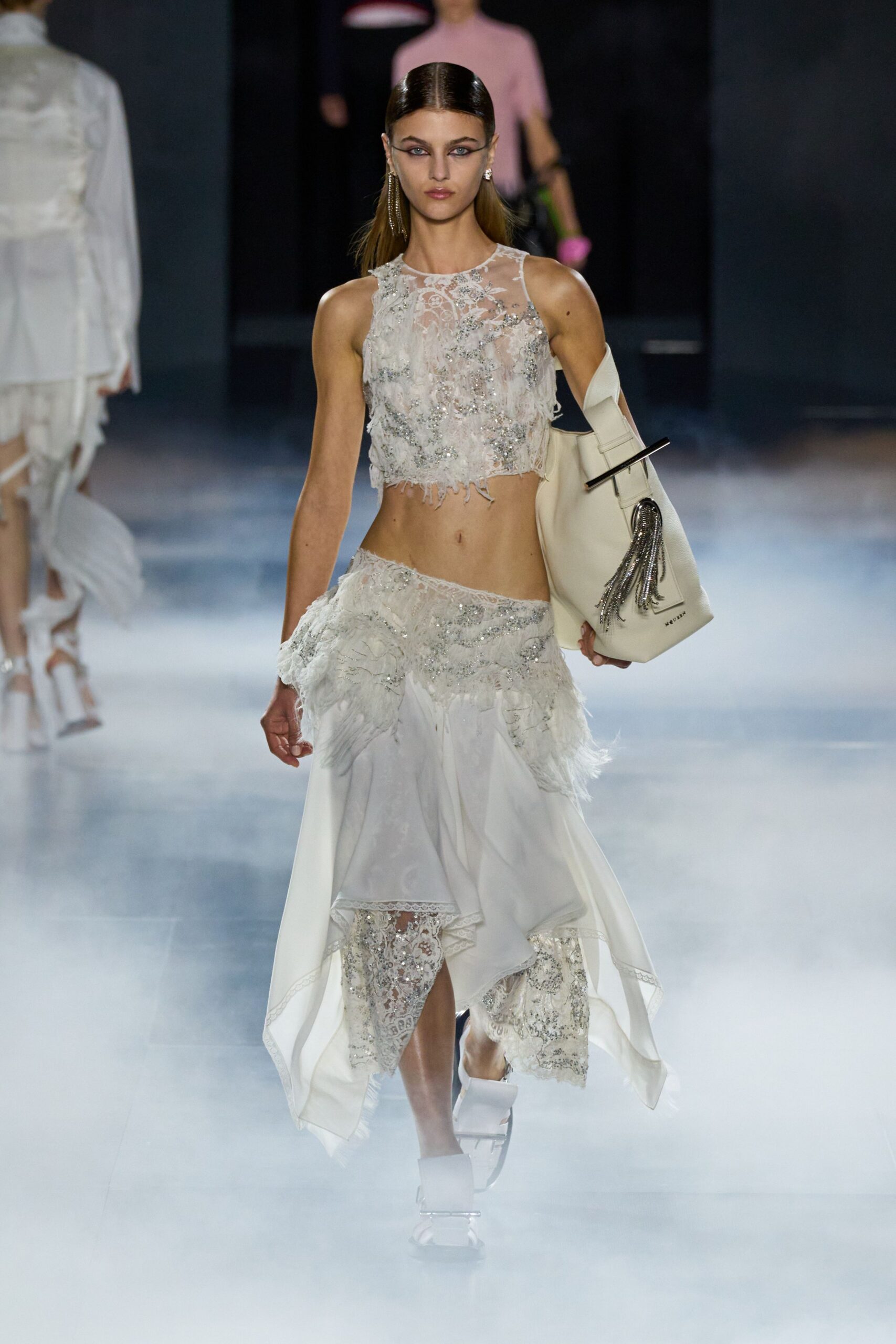 white lace sleeveless high-neck fitted embroidered short crop-top