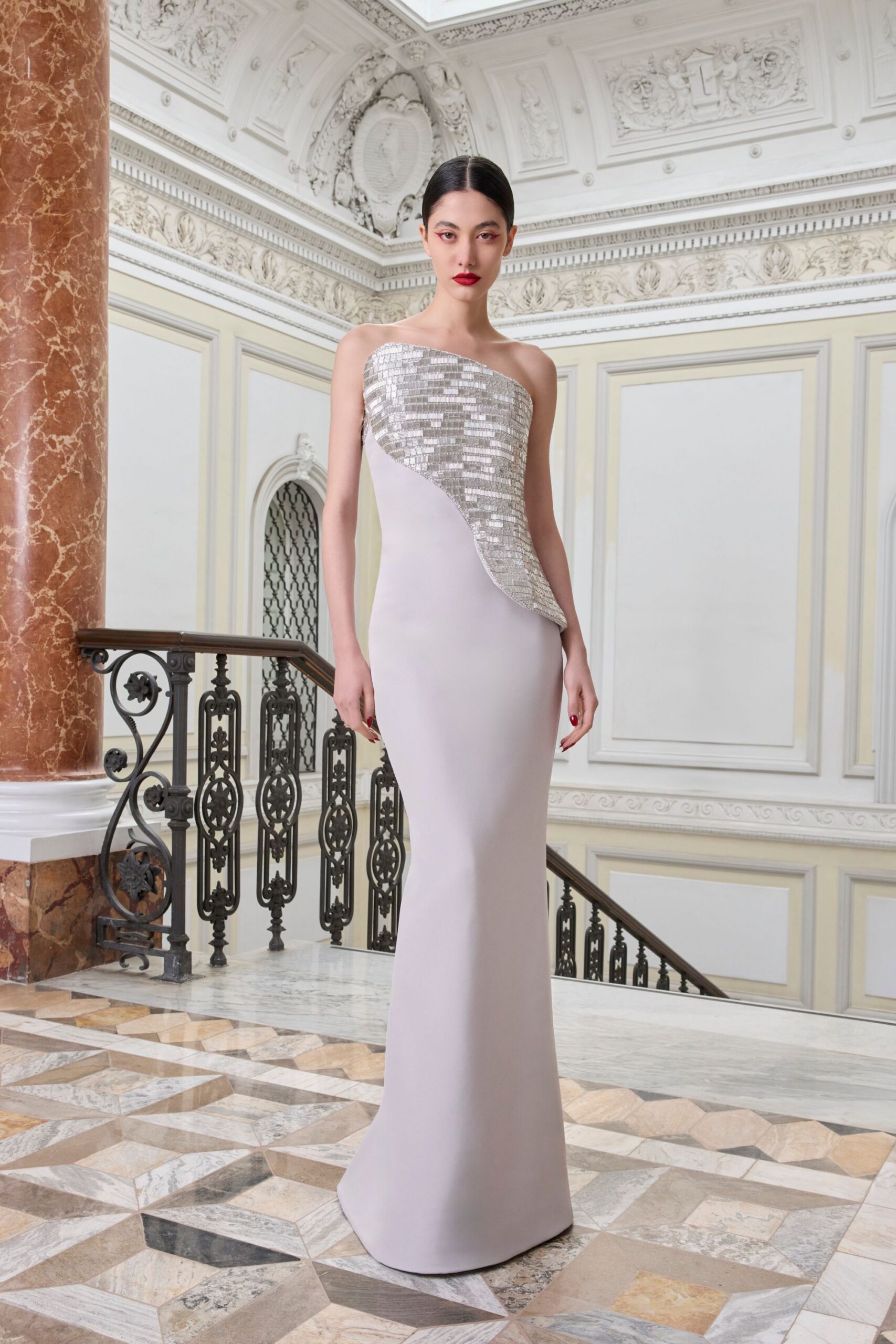gray satin sleeveless gown