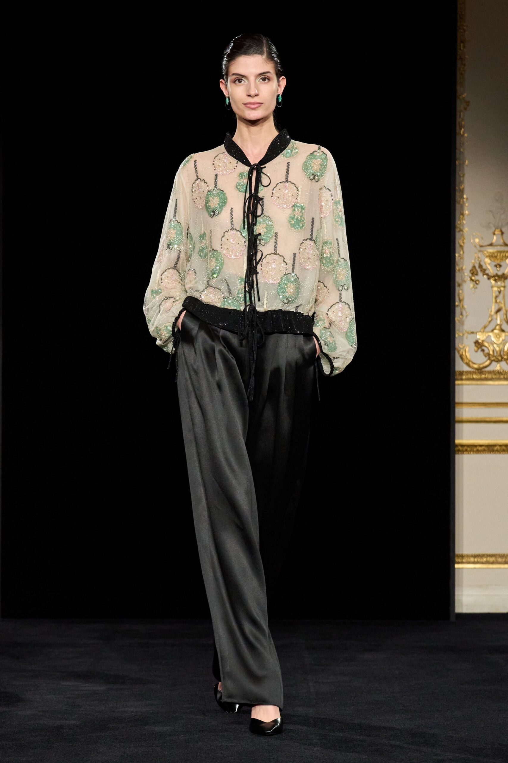 beige silk long-sleeve v-neck relaxed embroidered blouse