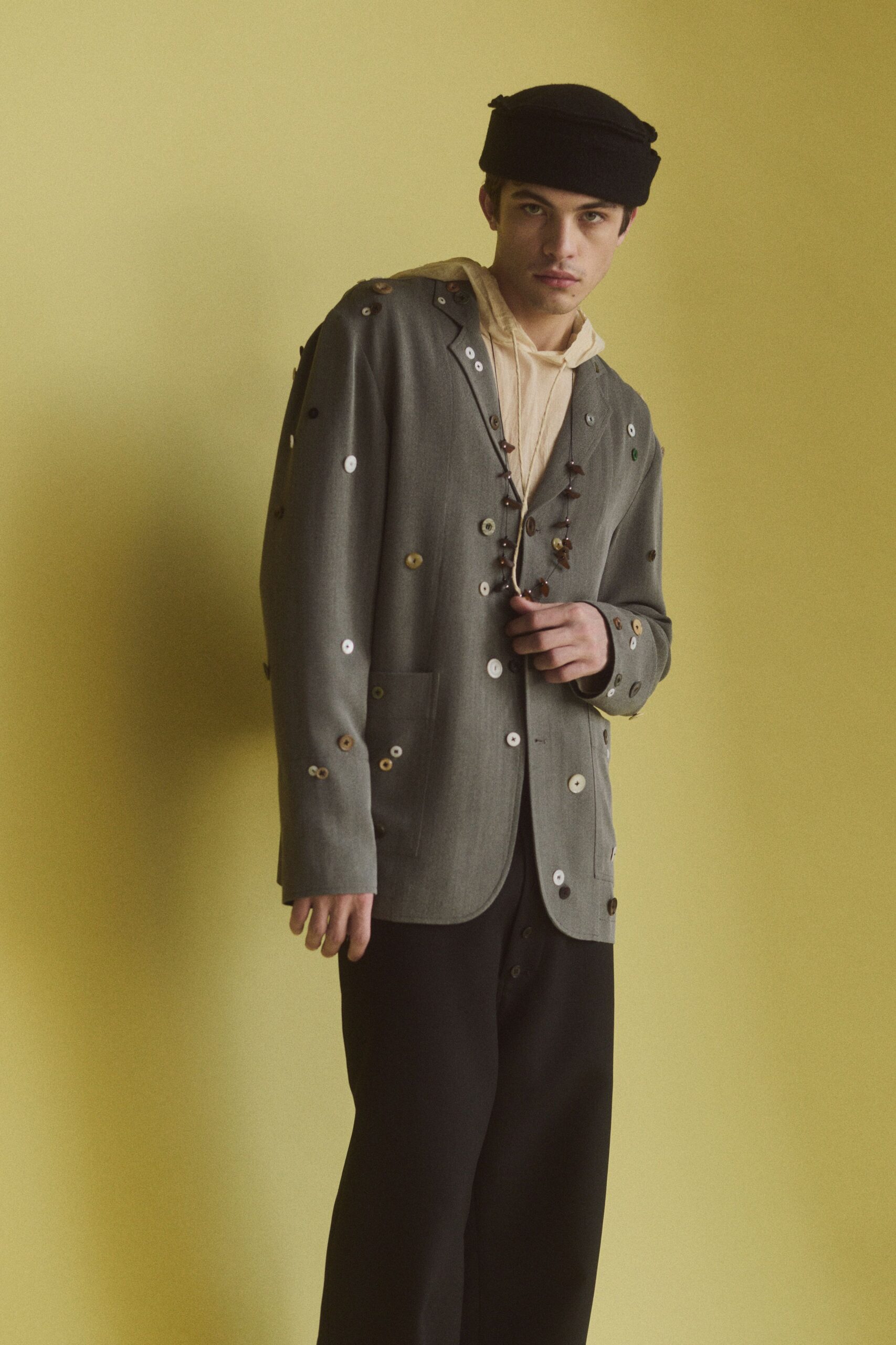 gray cotton long-sleeve collared structured buttoned embroidered blazer