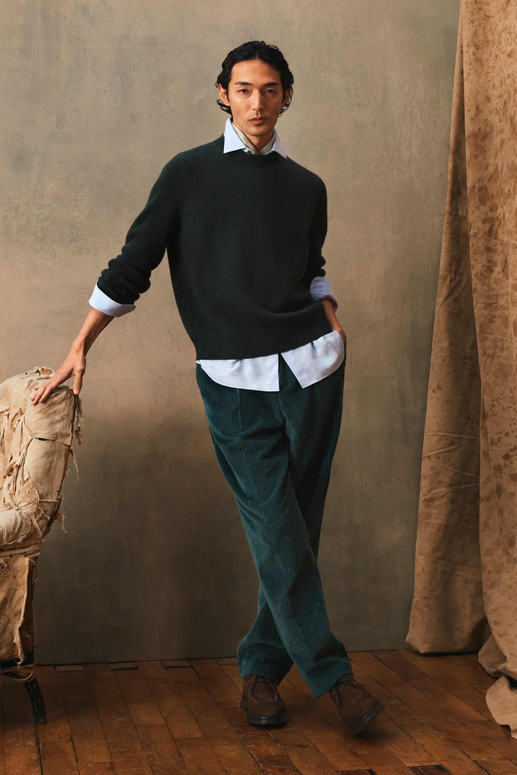 teal cotton relaxed pleated pants