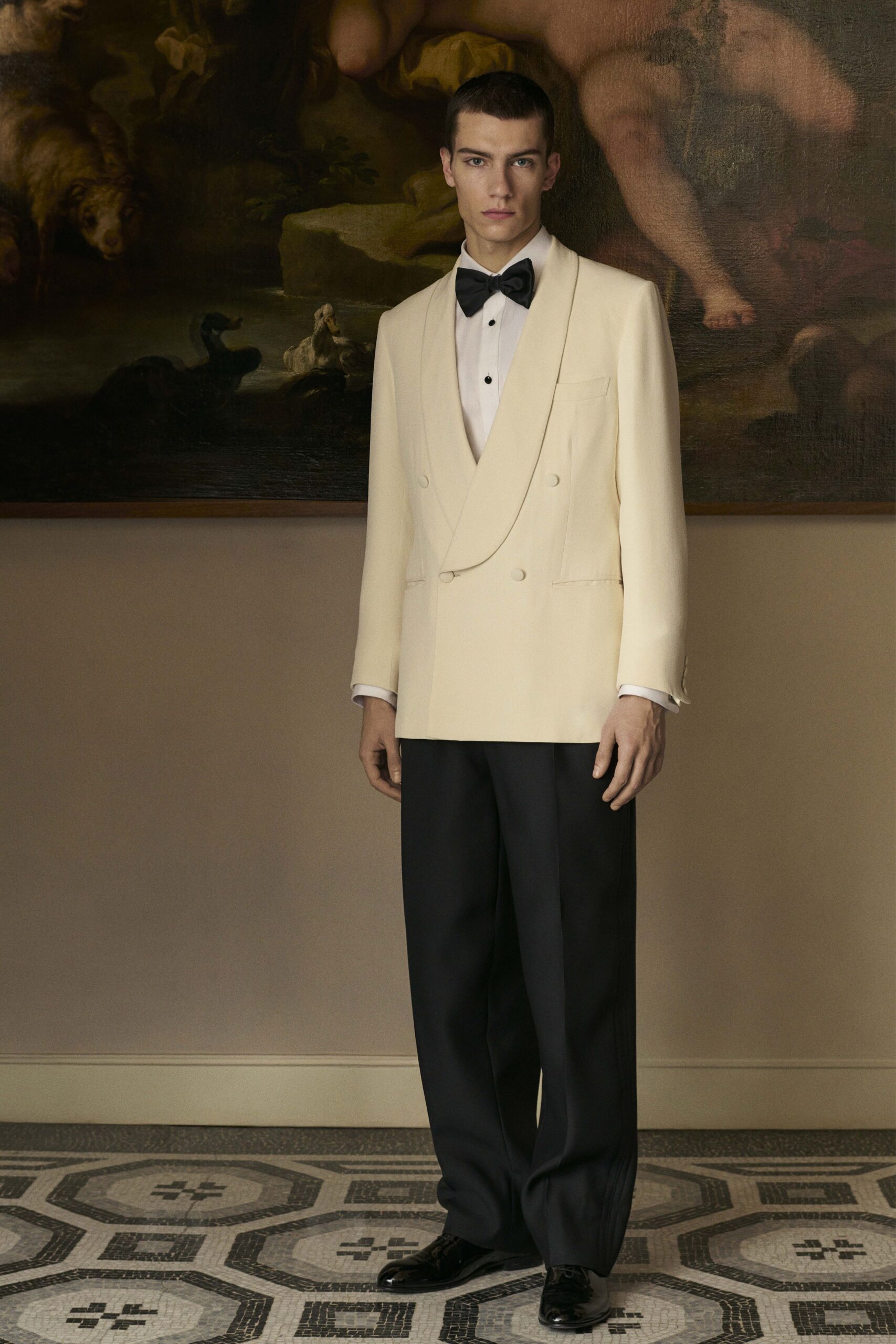 ivory tailored suit with black pants