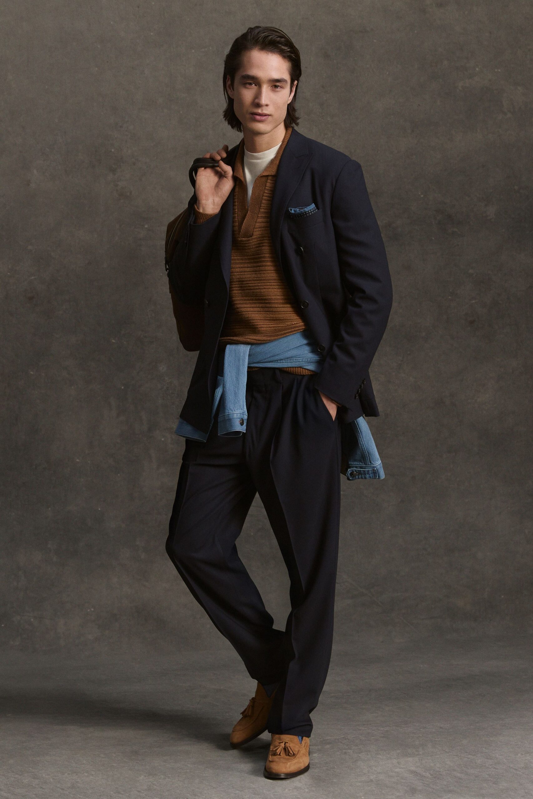 blue wool long-sleeve collared tailored buttoned blazer