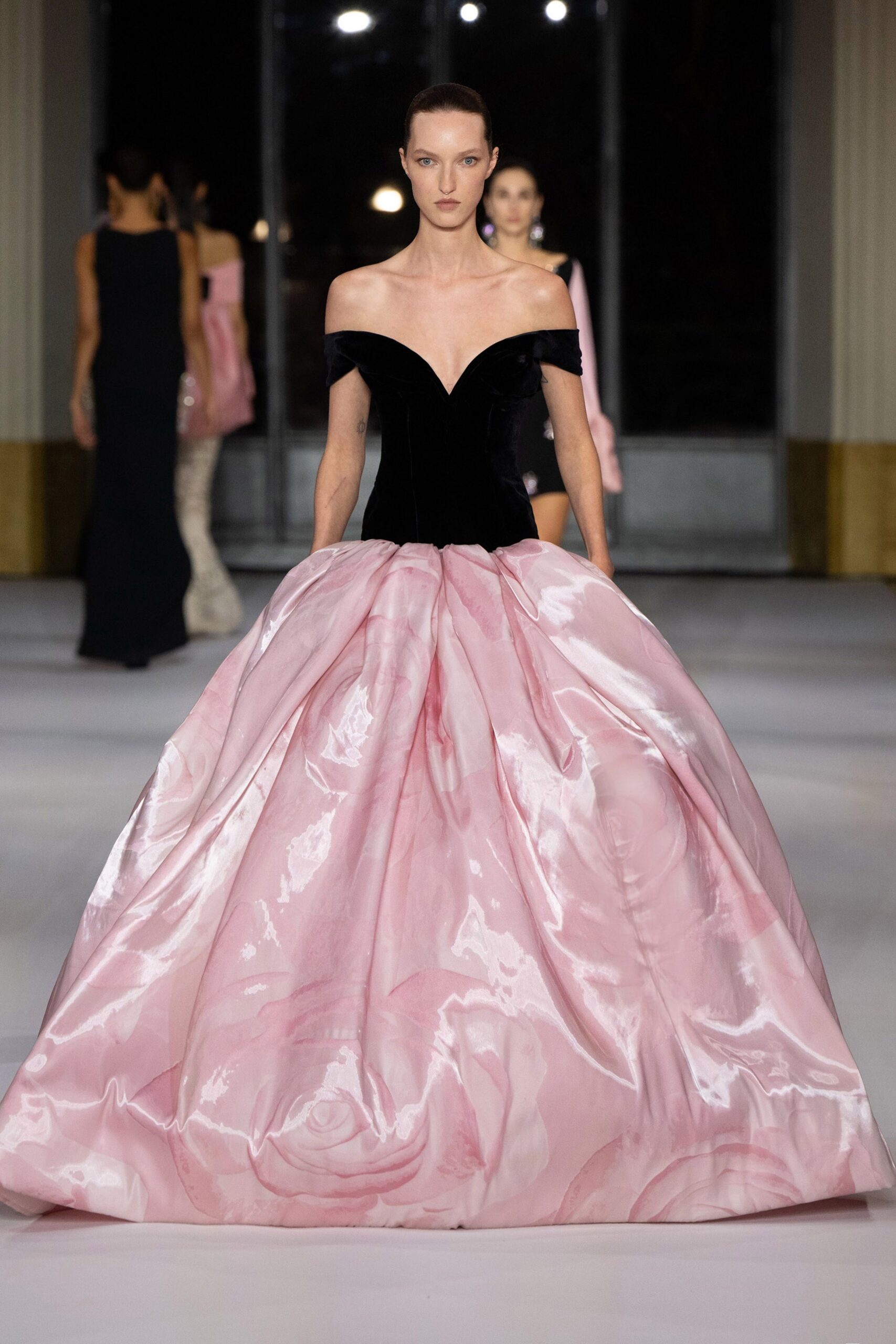 black and pink off-shoulder gown