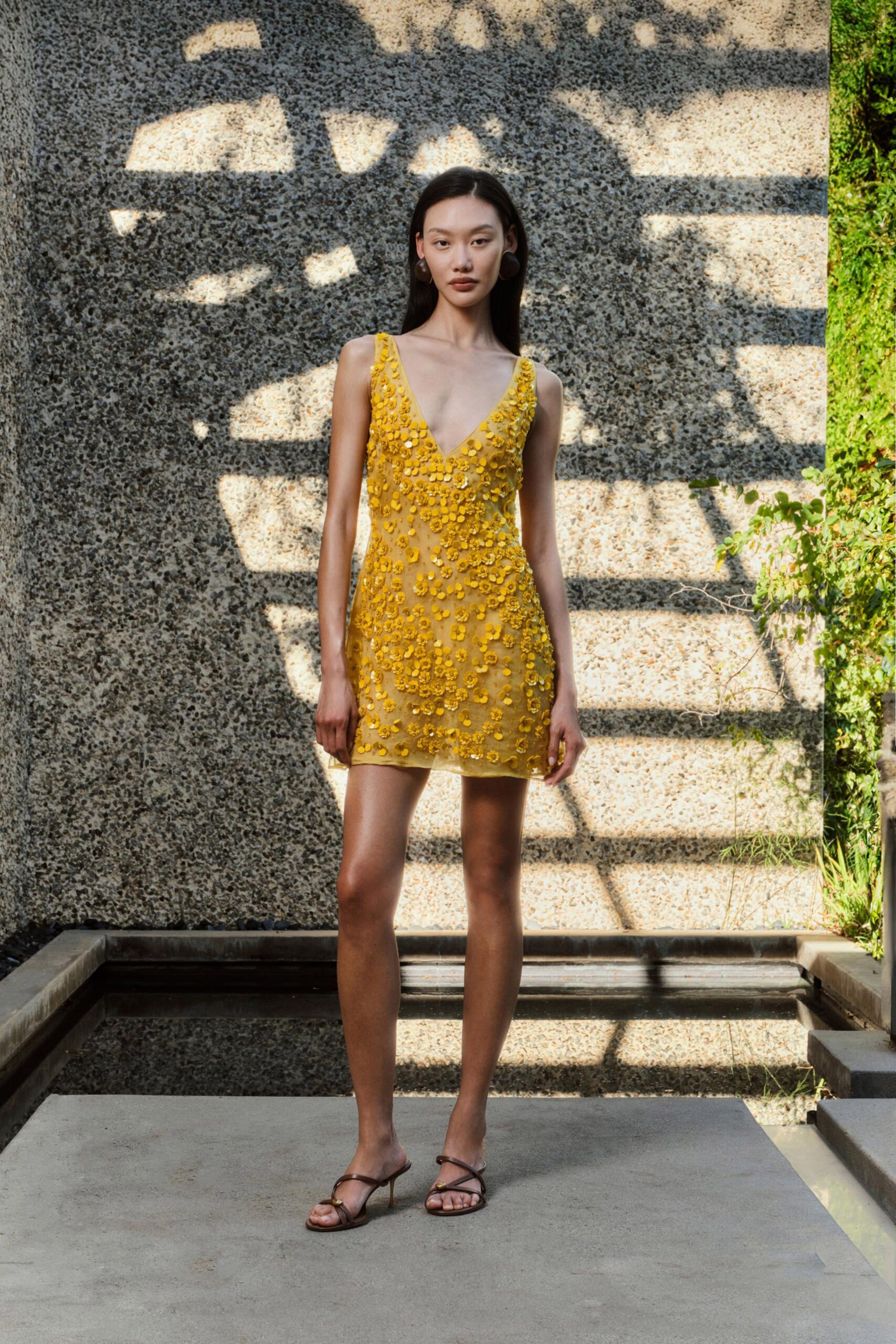 yellow silk sleeveless v-neck fitted embroidered sheer dress