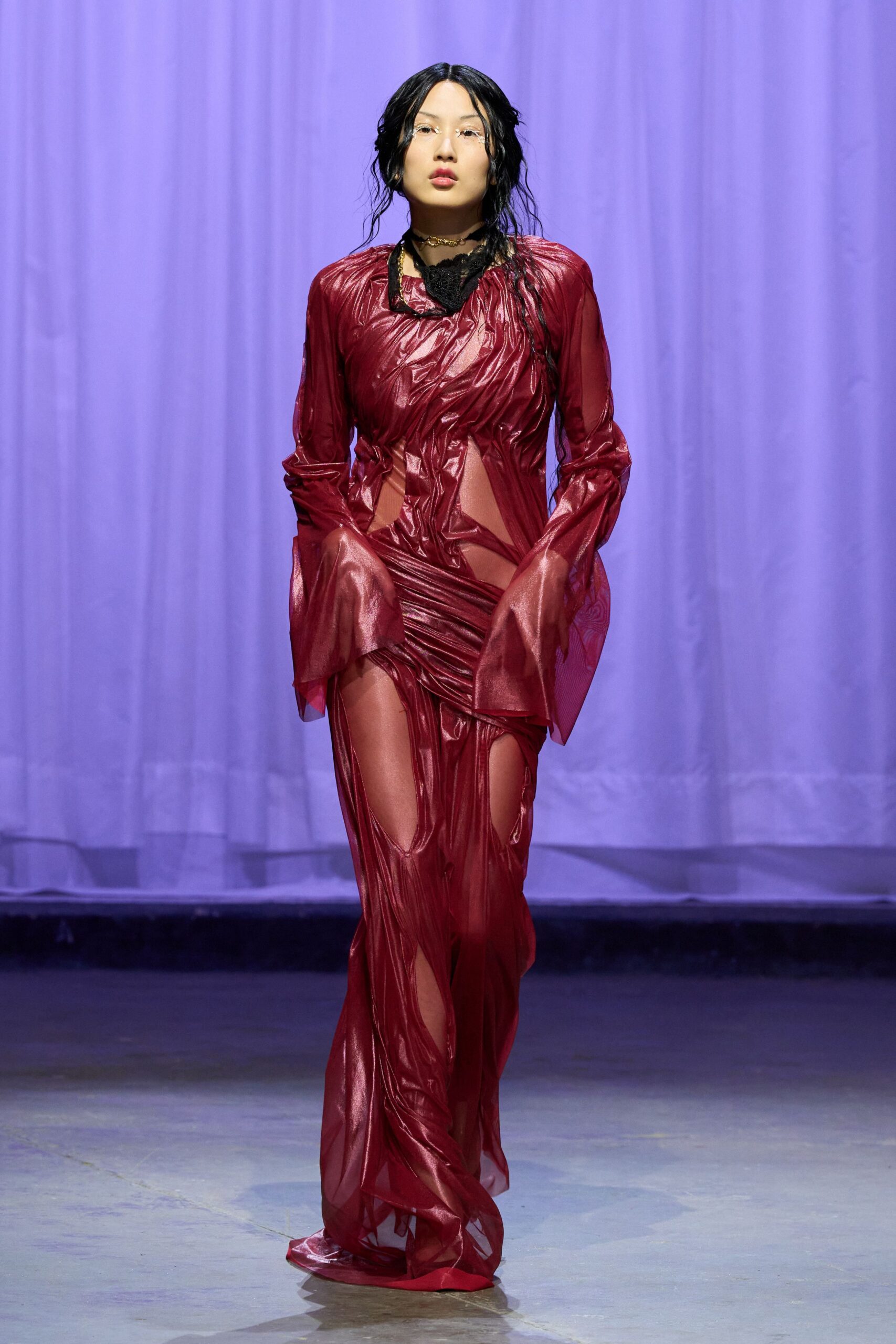 red silk fitted gown