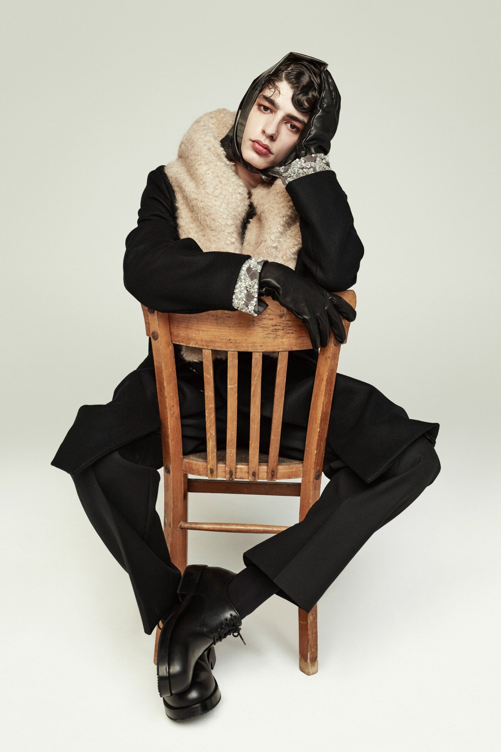 black wool coat with fur scarf