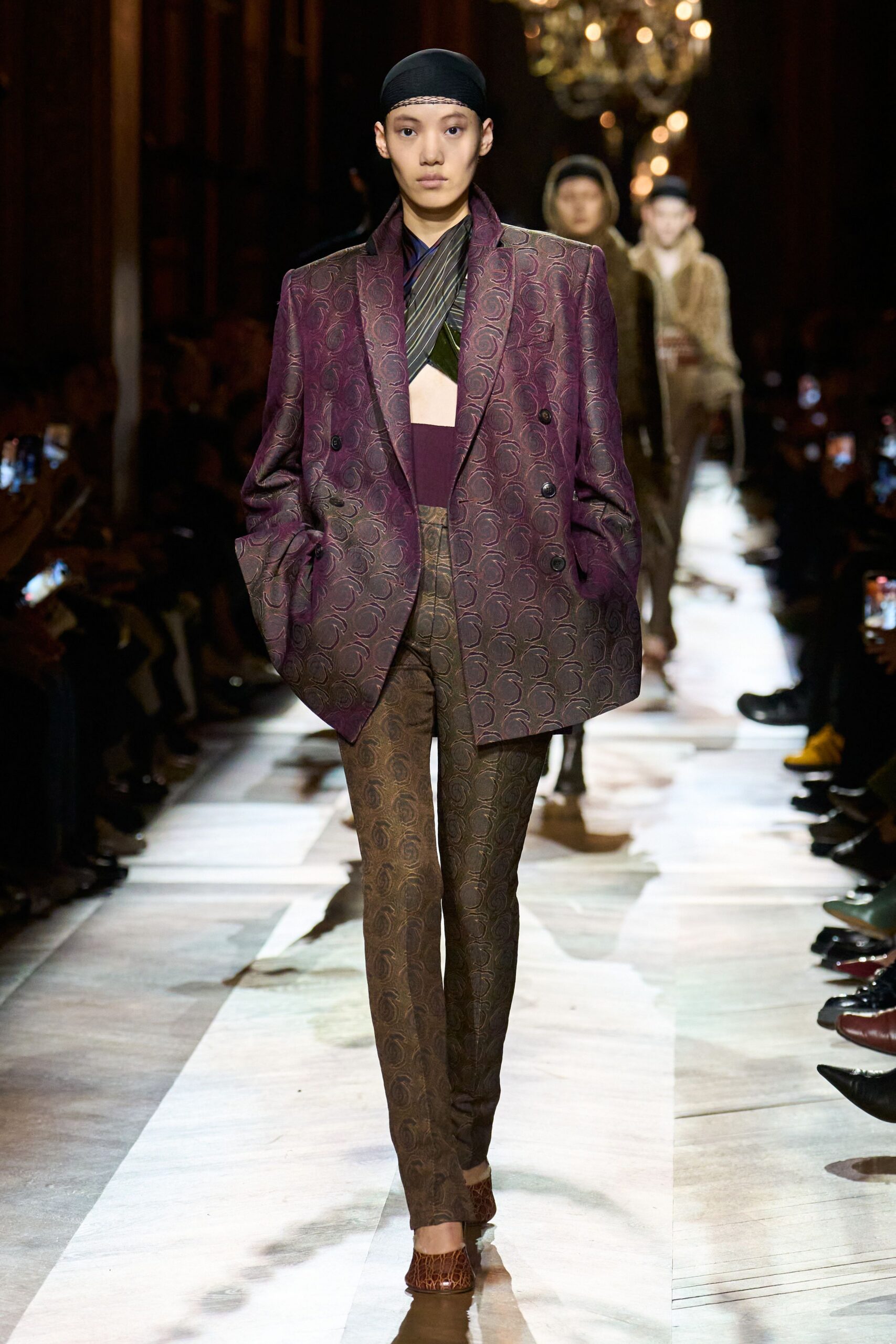 brown silk slim straight-leg pants