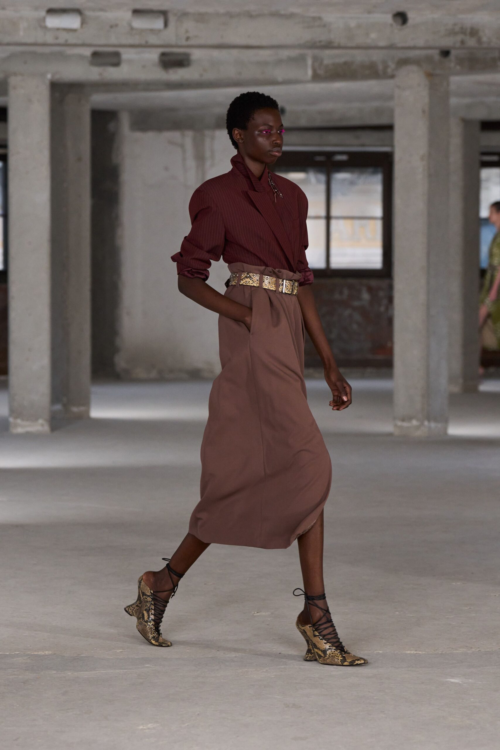 brown silk relaxed high-waisted pleated midi skirt