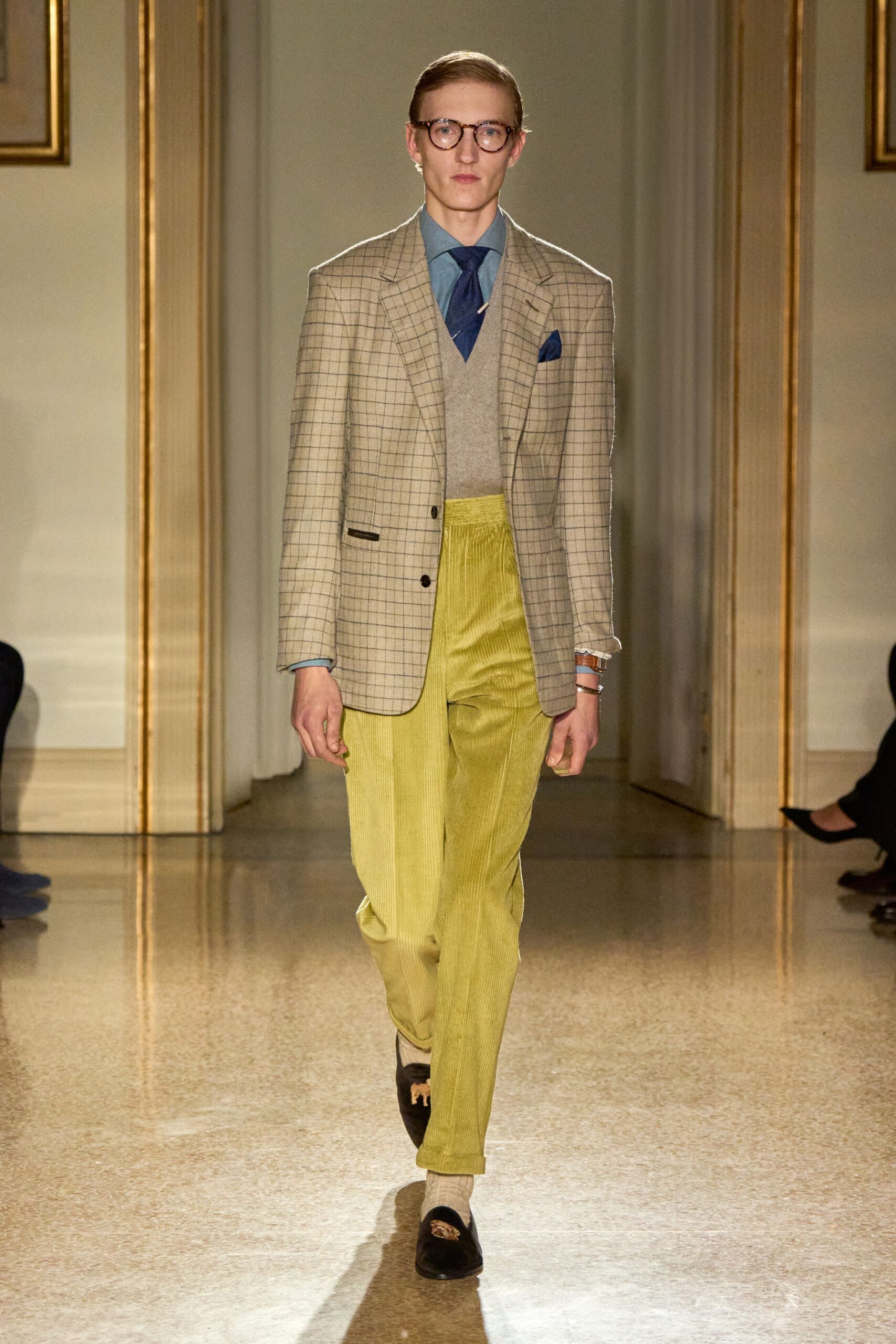 beige checked blazer with gray sweater