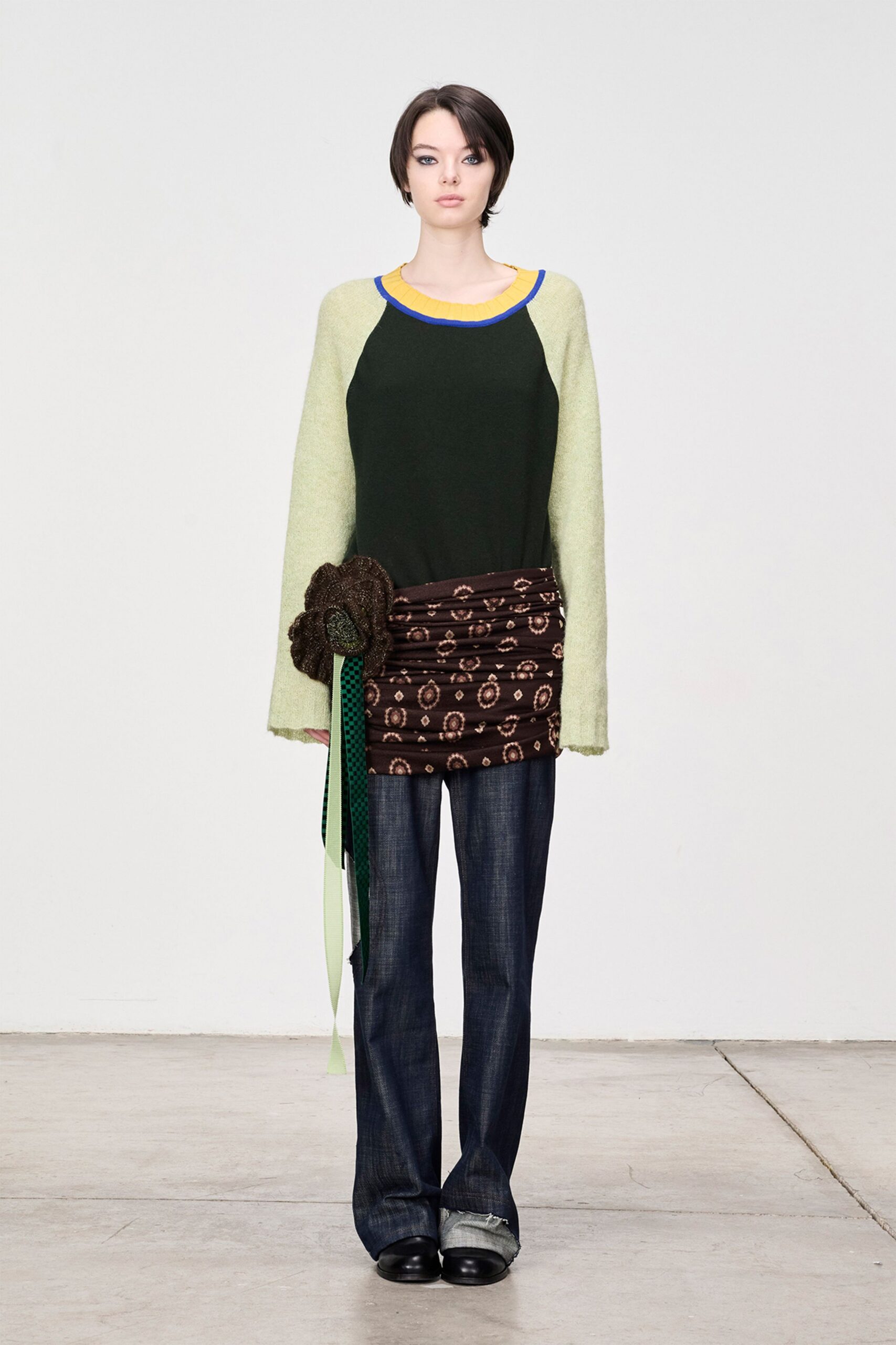 green relaxed sweater with printed skirt