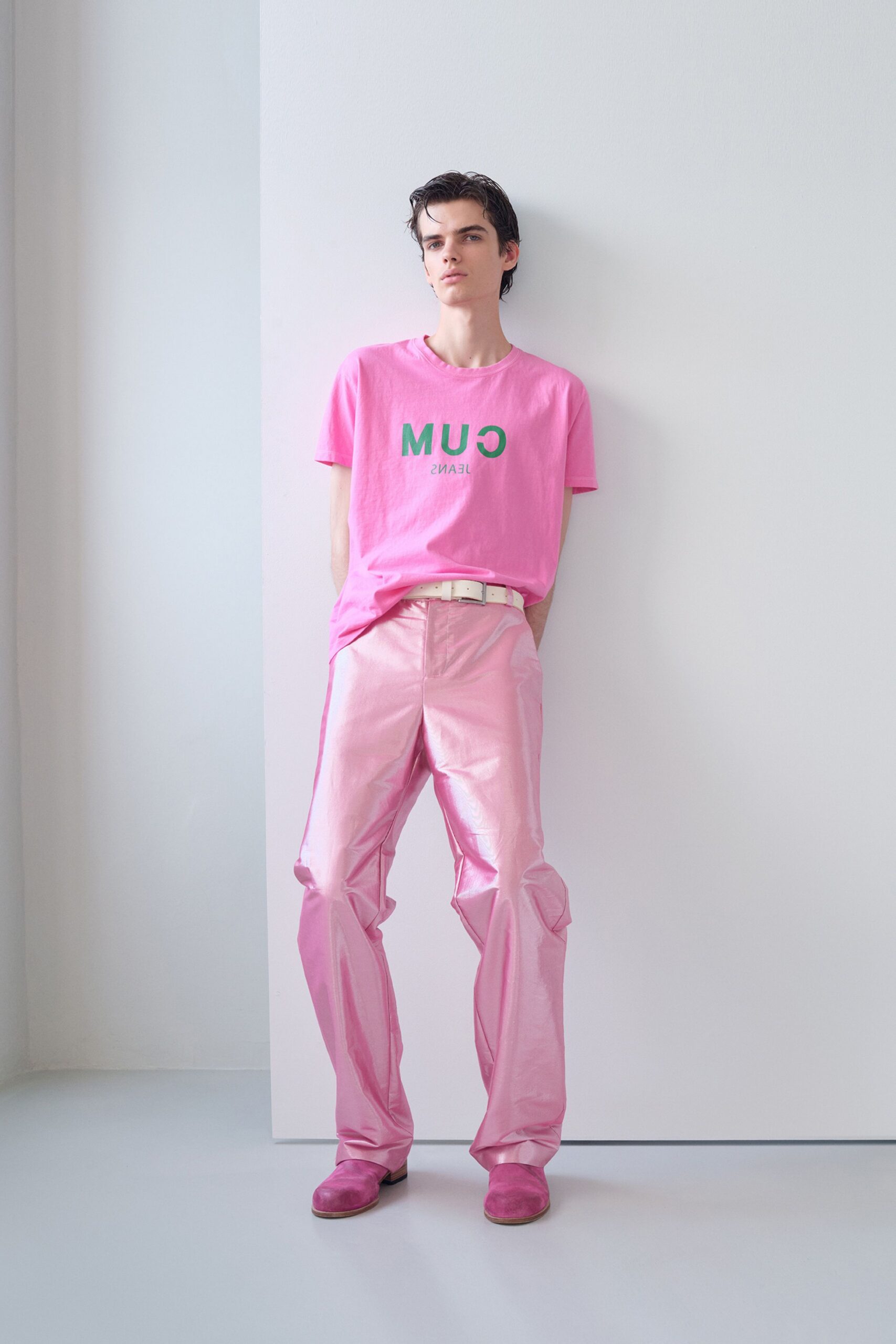 pink t-shirt and shiny pants