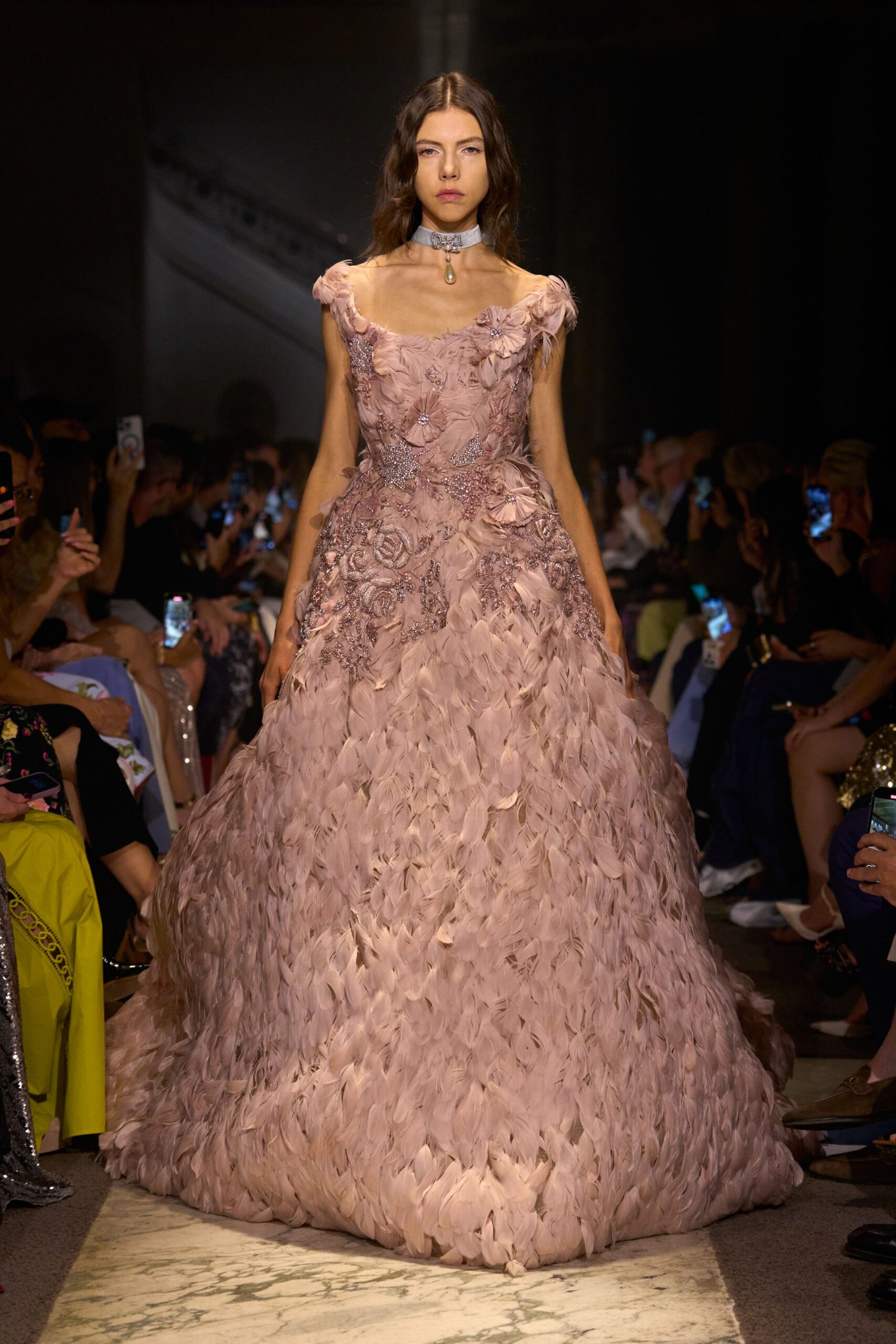 pink ruffled embroidered gown