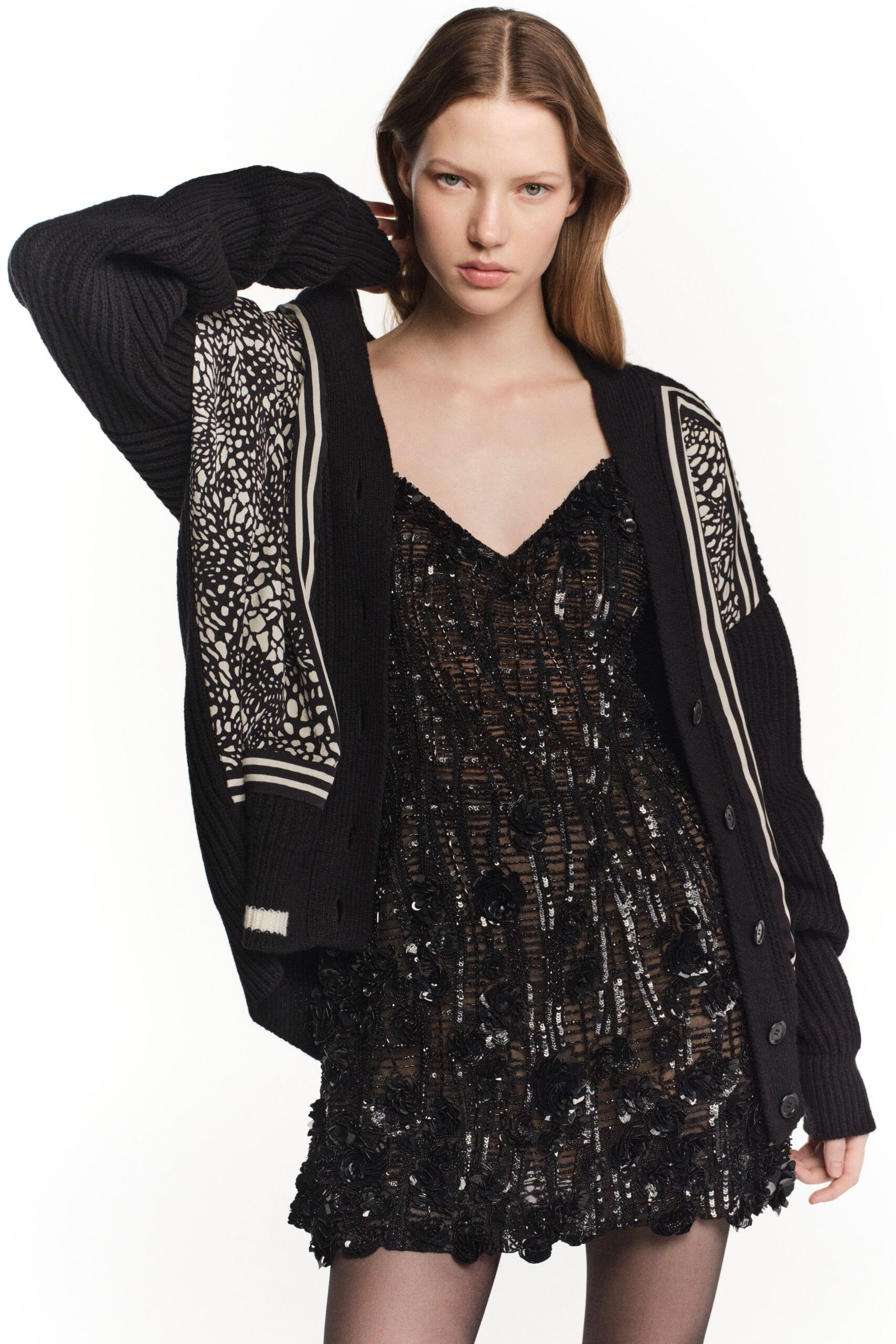 black mini sequined dress with cardigan