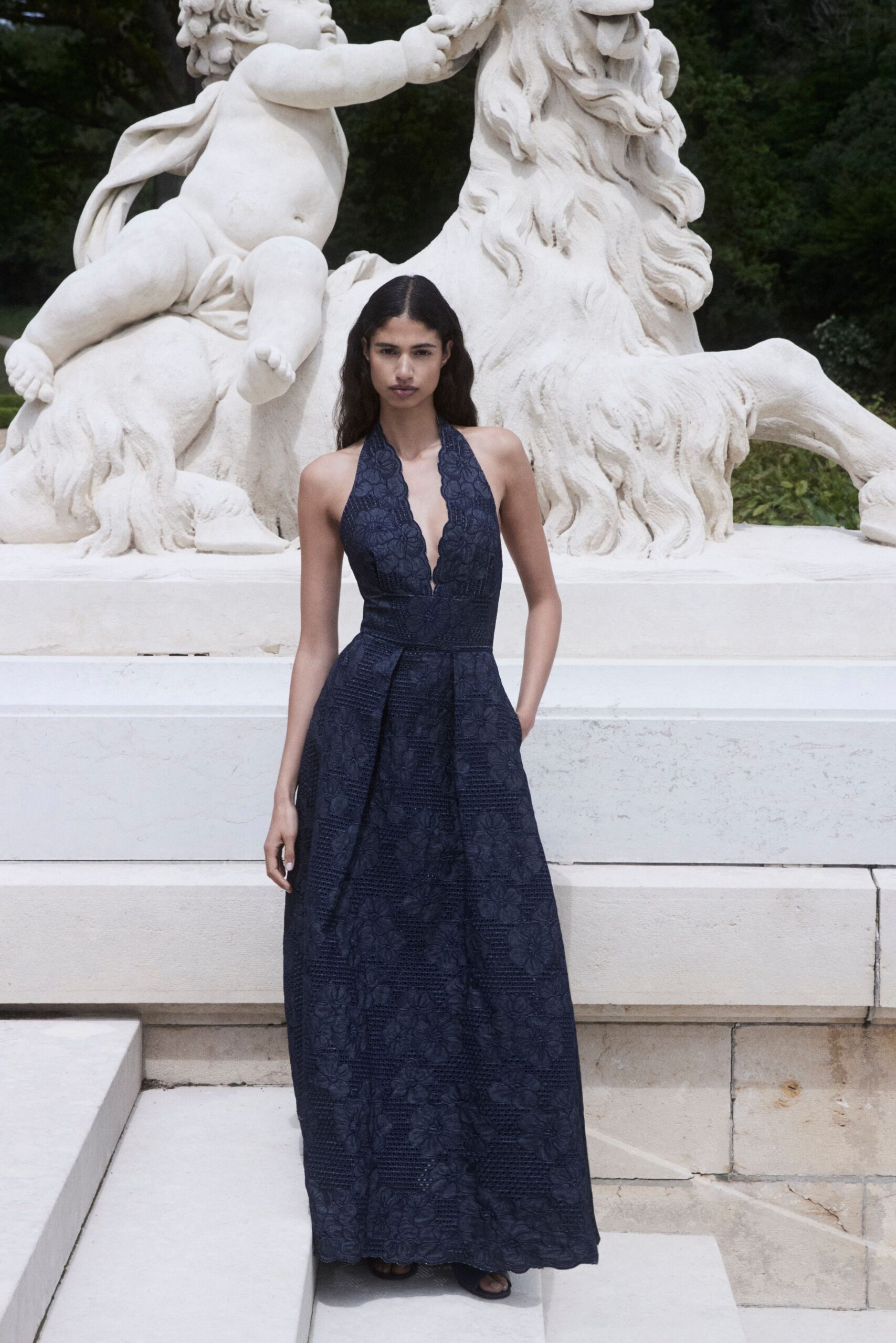 blue floral sleeveless gown