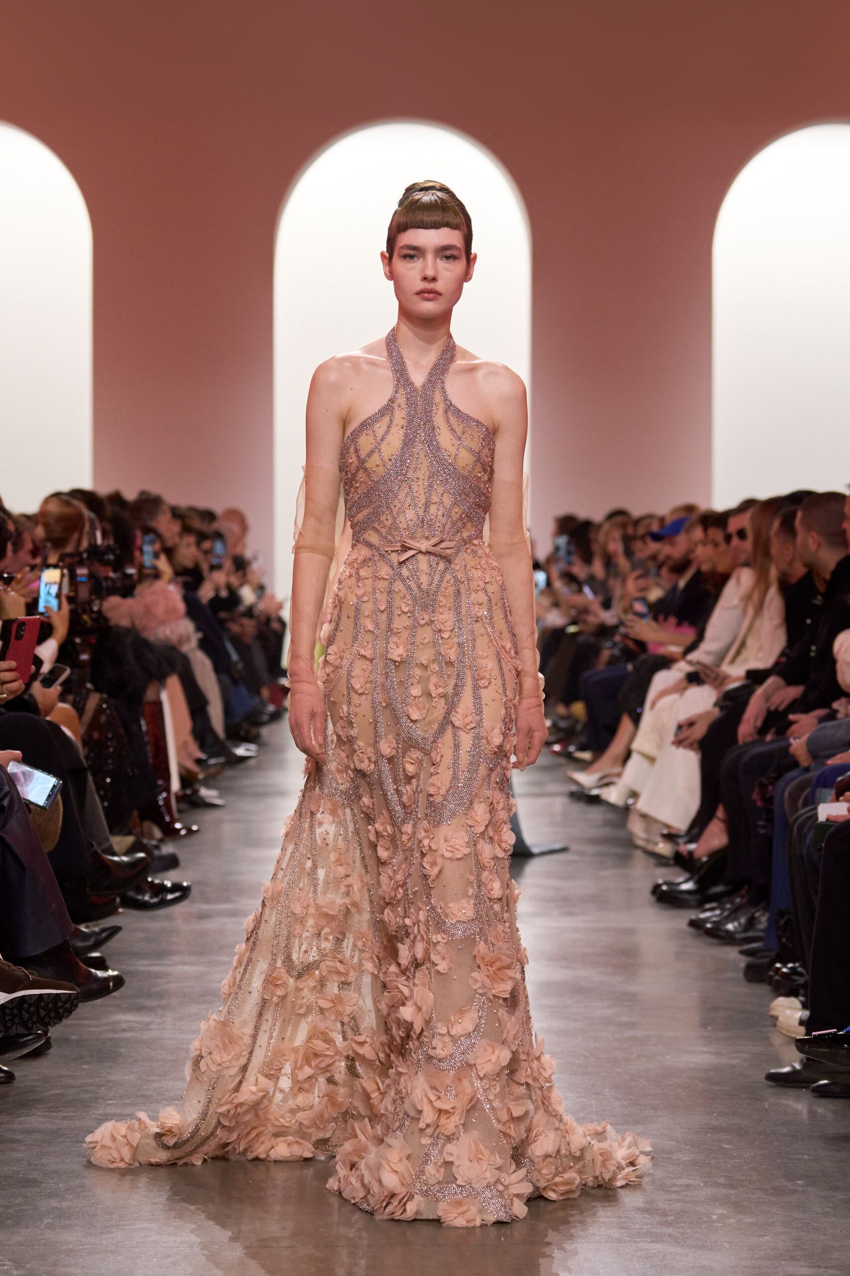pink beige floral embroidered gown