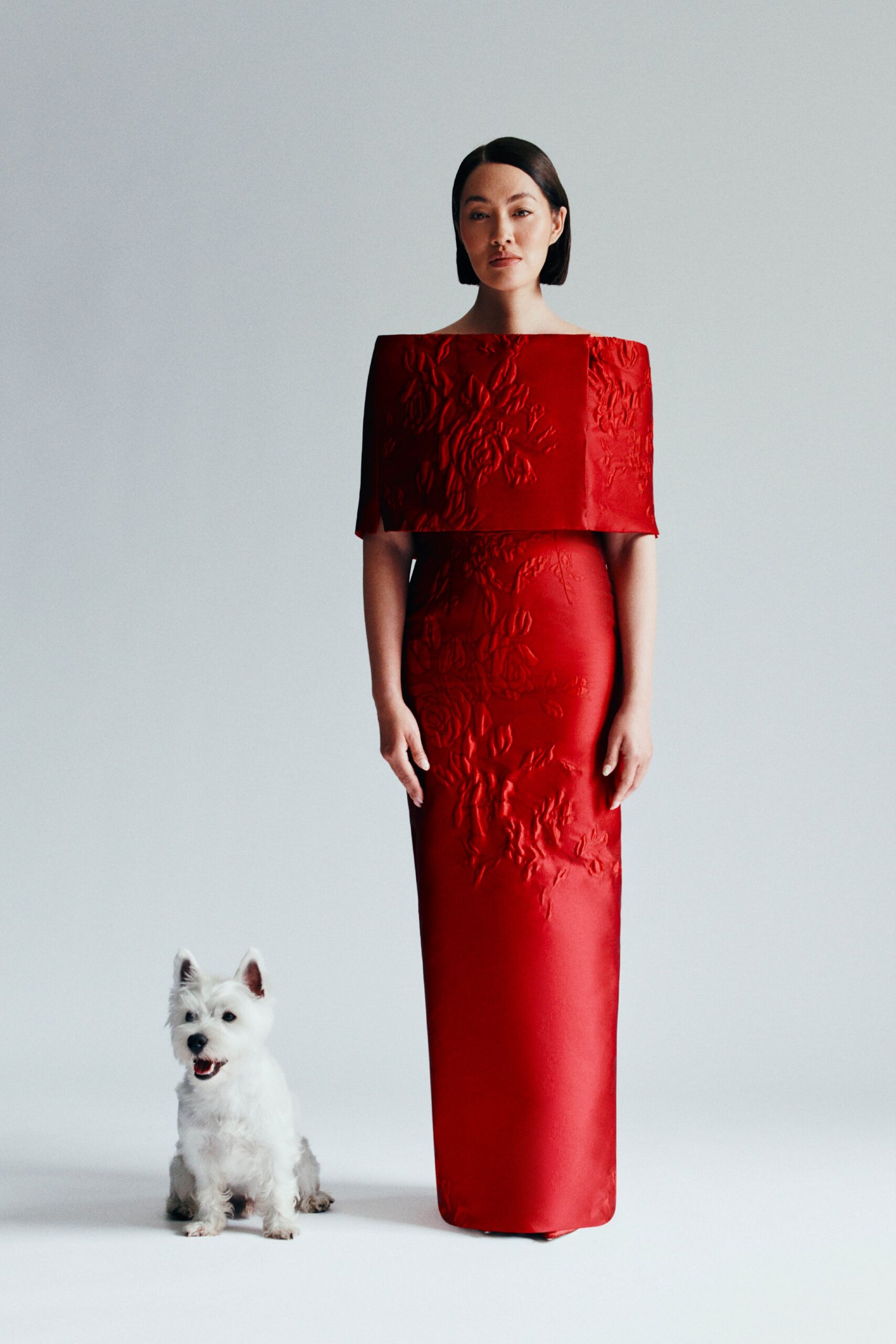 red silk embroidered gown