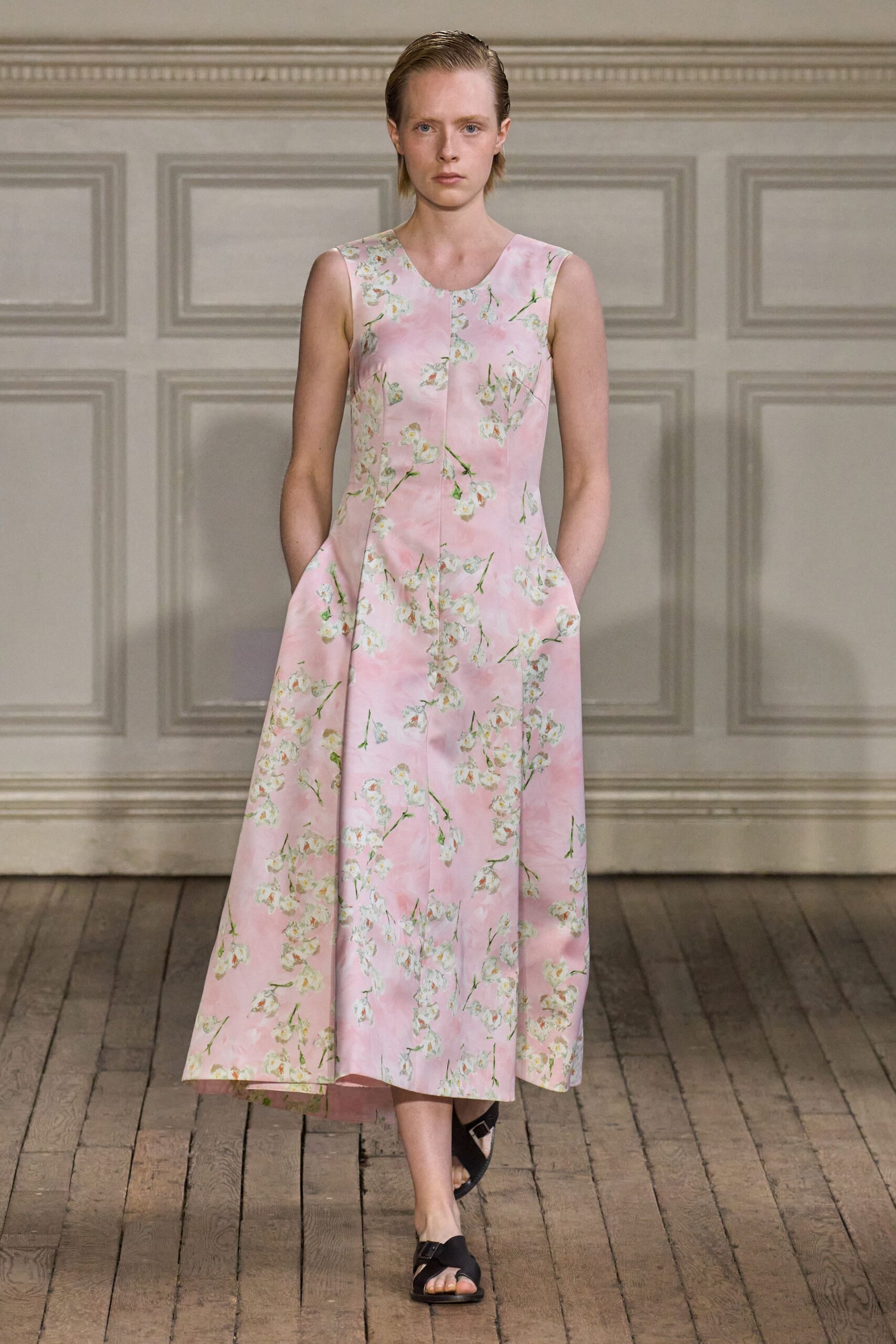 pink floral midi dress with pockets
