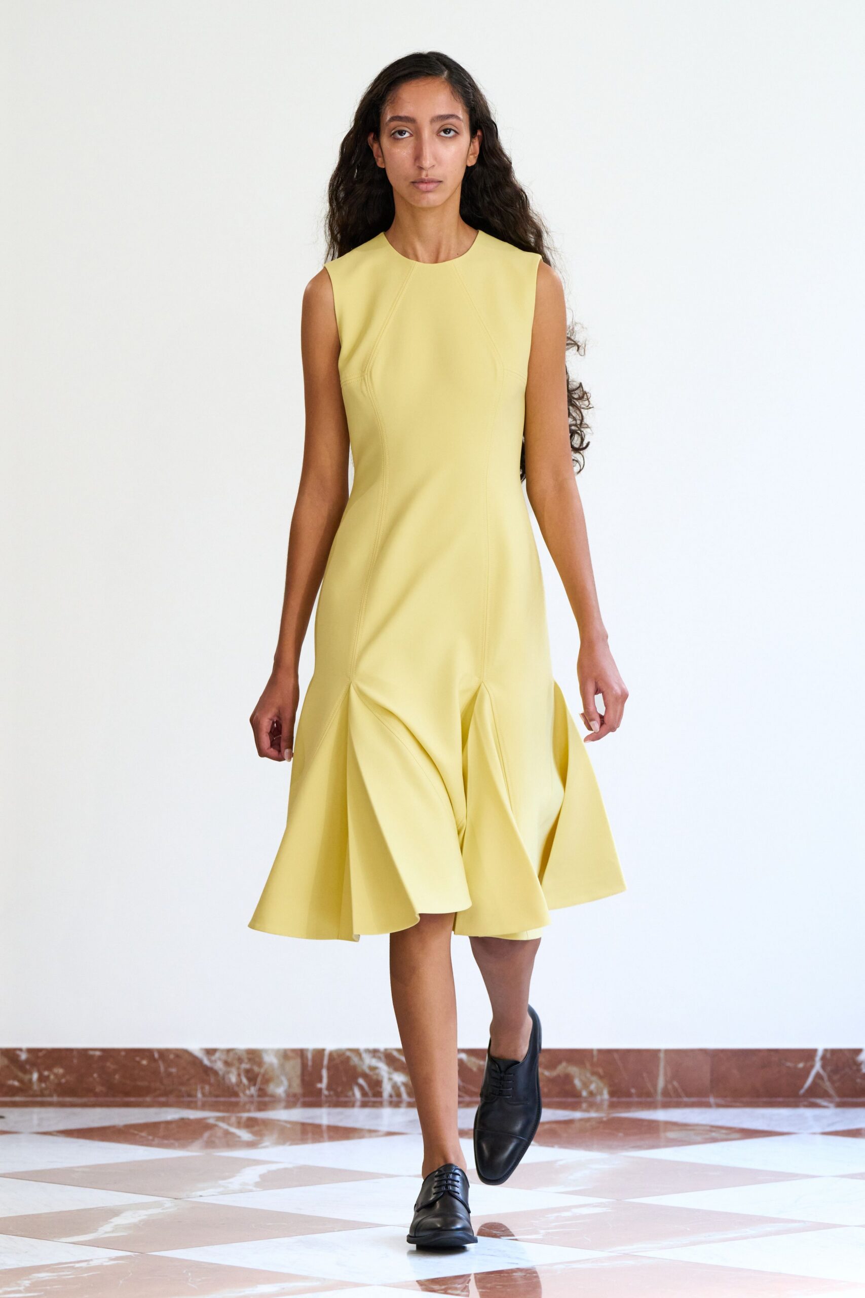 yellow cotton sleeveless high-neck fitted pleated a-line dress