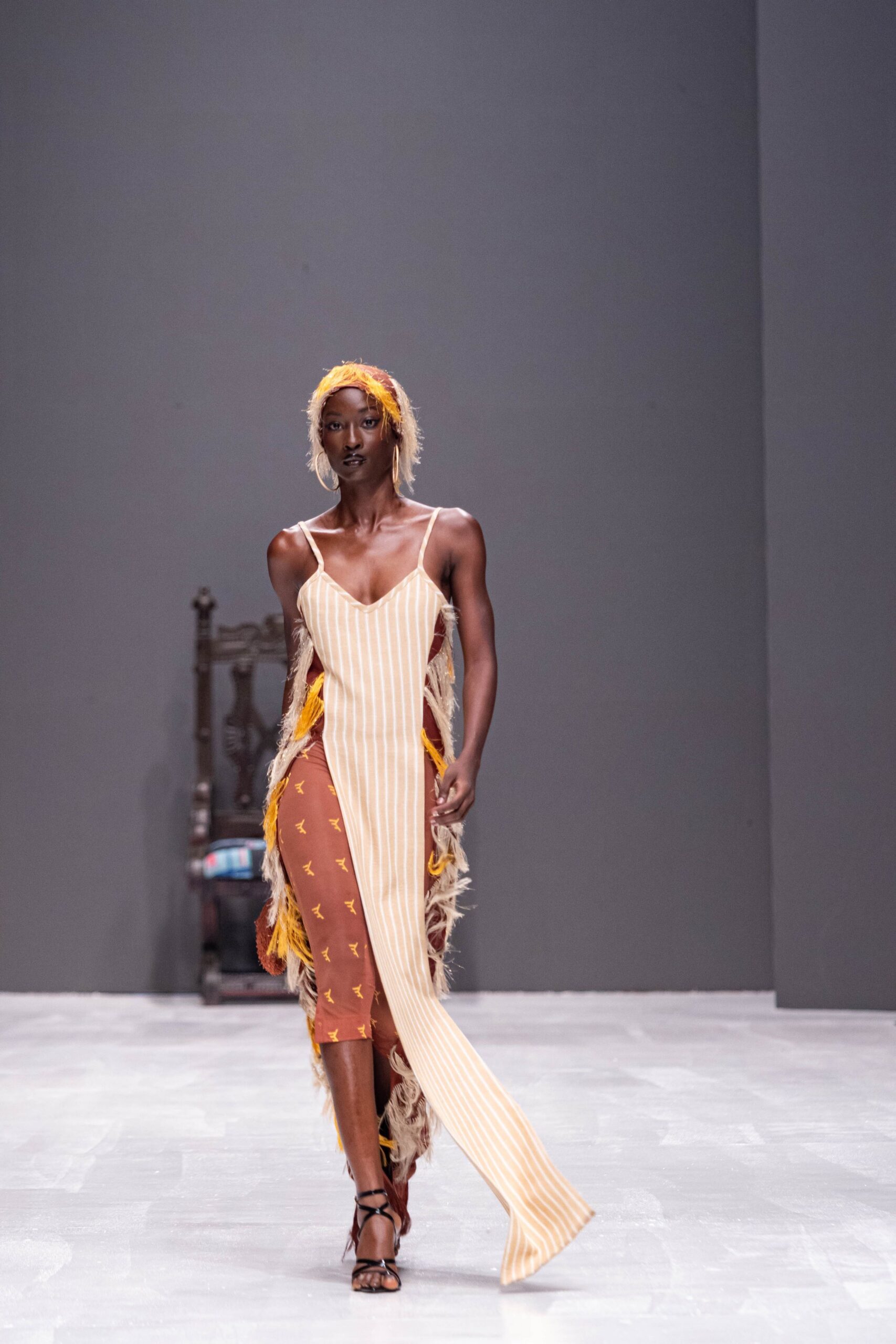 orange and beige striped maxi dress