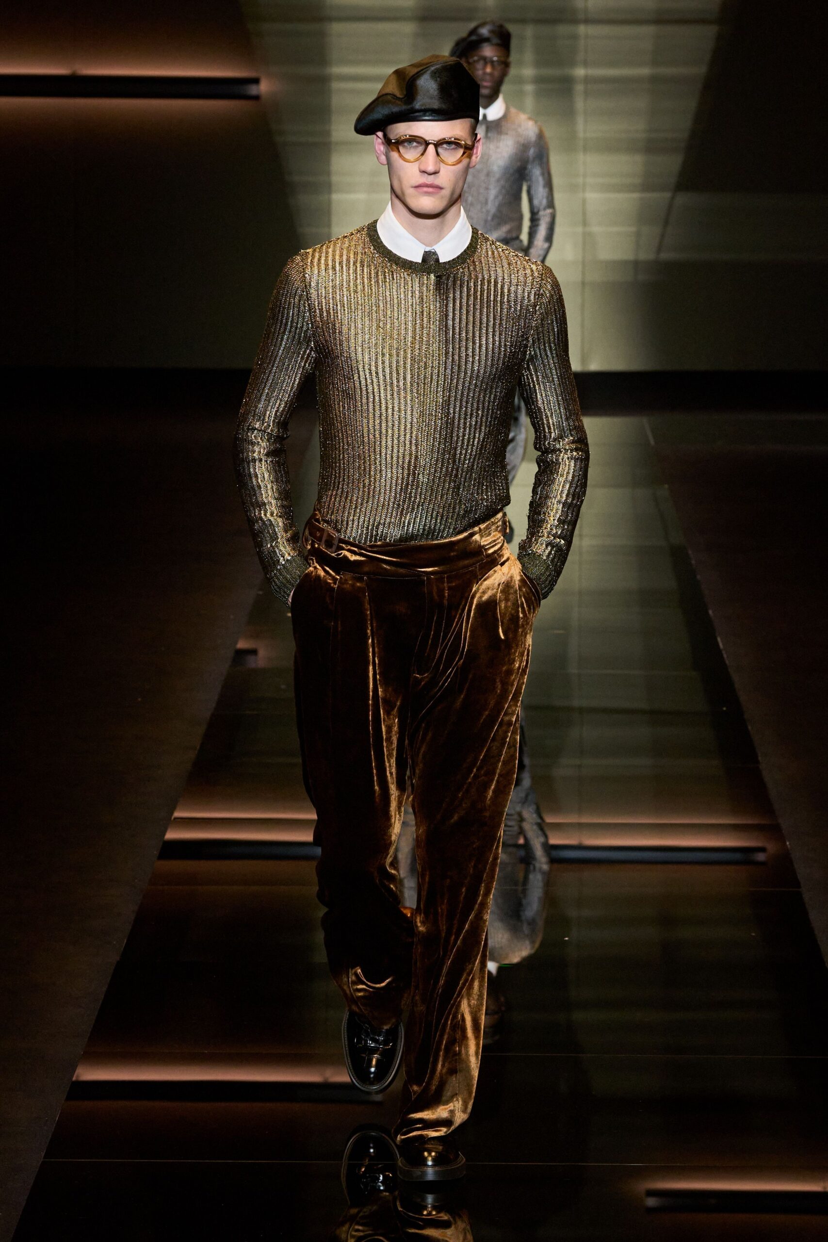 gold silk long-sleeve collared fitted ribbed shiny top