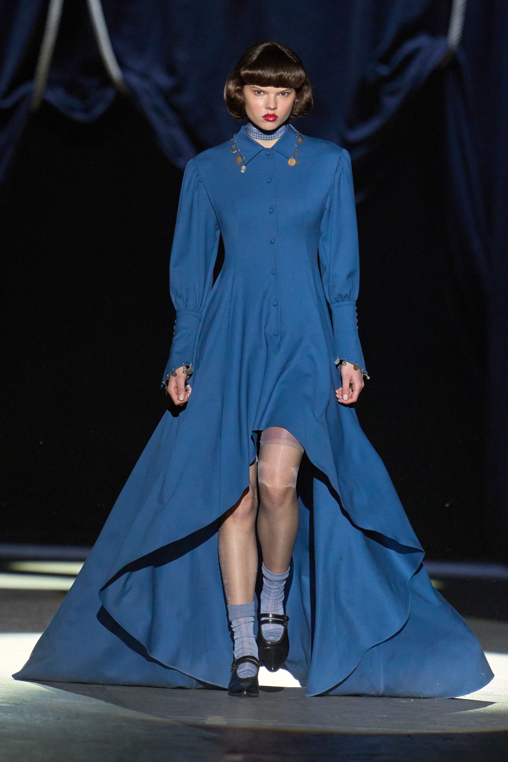 blue cotton long-sleeve collared fitted buttoned pleated dress