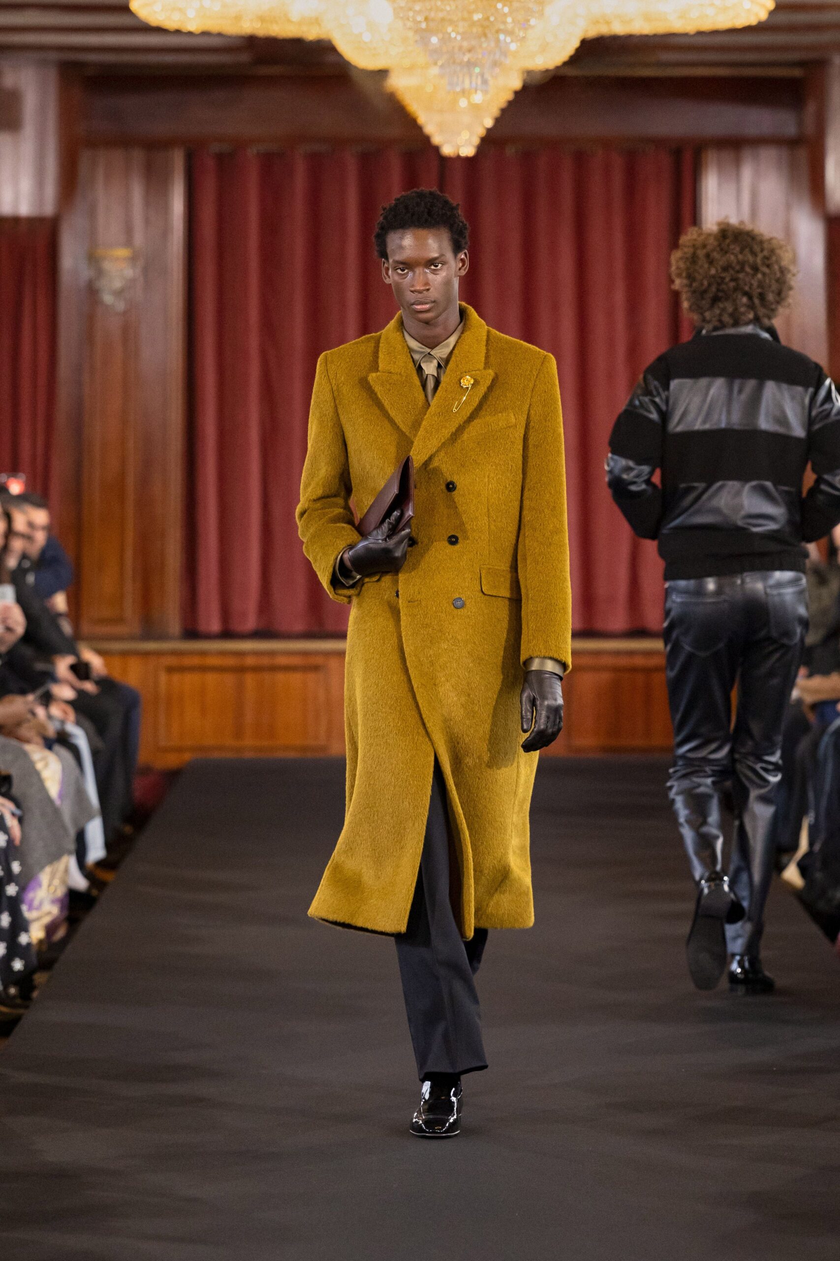yellow wool long-sleeve collared fitted buttoned maxi coat